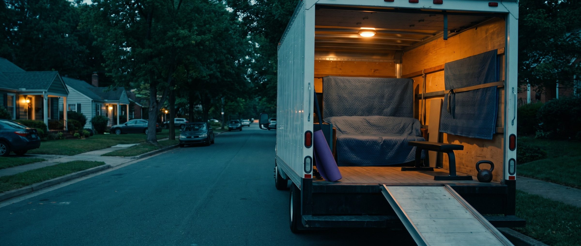 A white moving truck open at dusk on a tree-lined residential street, ramp down, furniture wrapped in blue moving blankets inside and a weight bench, a rolled purple yoga mat and a kettlebell near the tailgate under the dome light