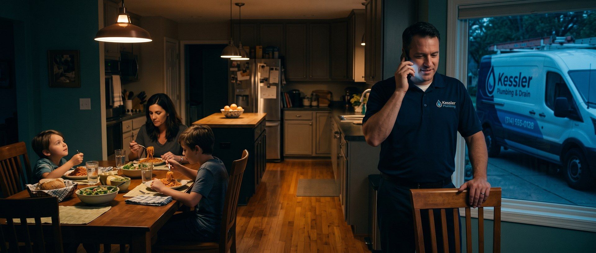At dinnertime in a family kitchen, a plumbing company owner in a branded polo stands up from the table to answer his phone while his family eats, the company van parked in the driveway outside