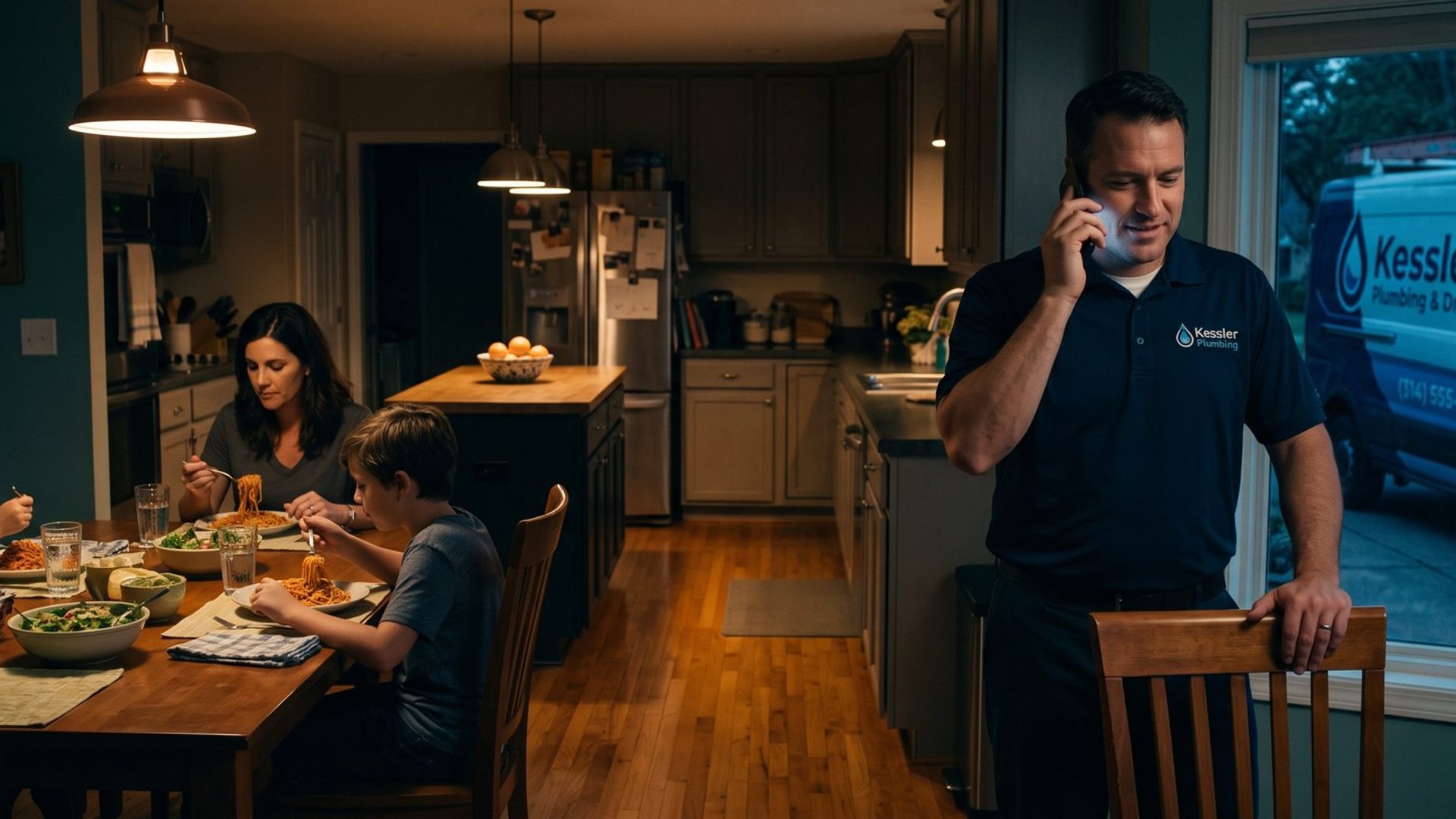 At dinnertime in a family kitchen, a plumbing company owner in a branded polo stands up from the table to answer his phone while his family eats, the company van parked in the driveway outside