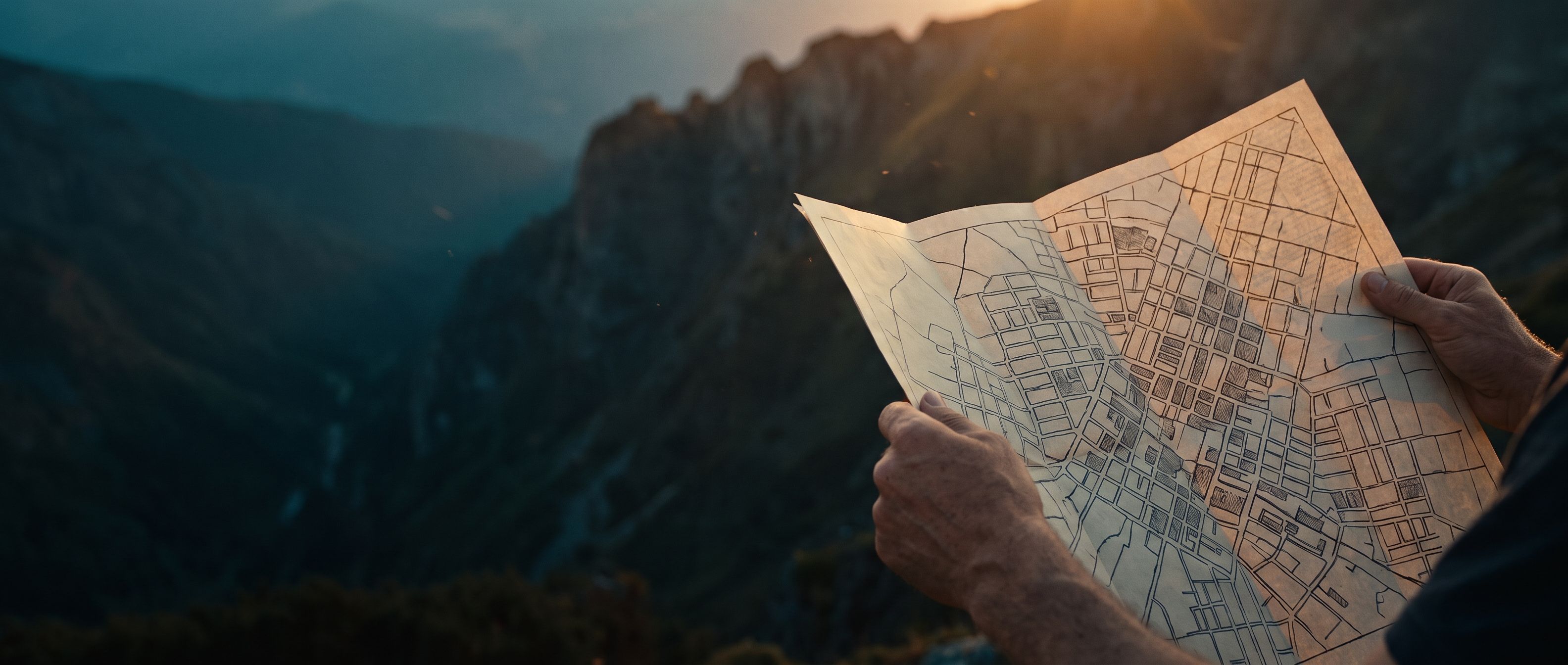 A folded street map held up against a mountain valley whose real terrain matches nothing on it