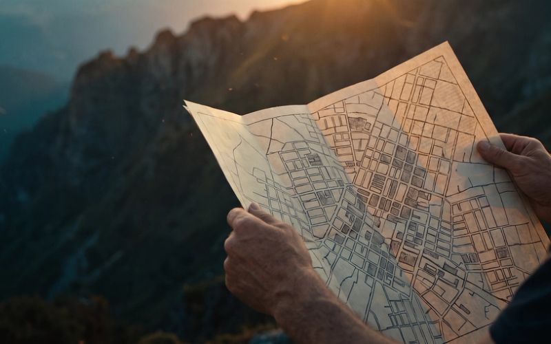 A folded street map held up against a mountain valley whose real terrain matches nothing on it