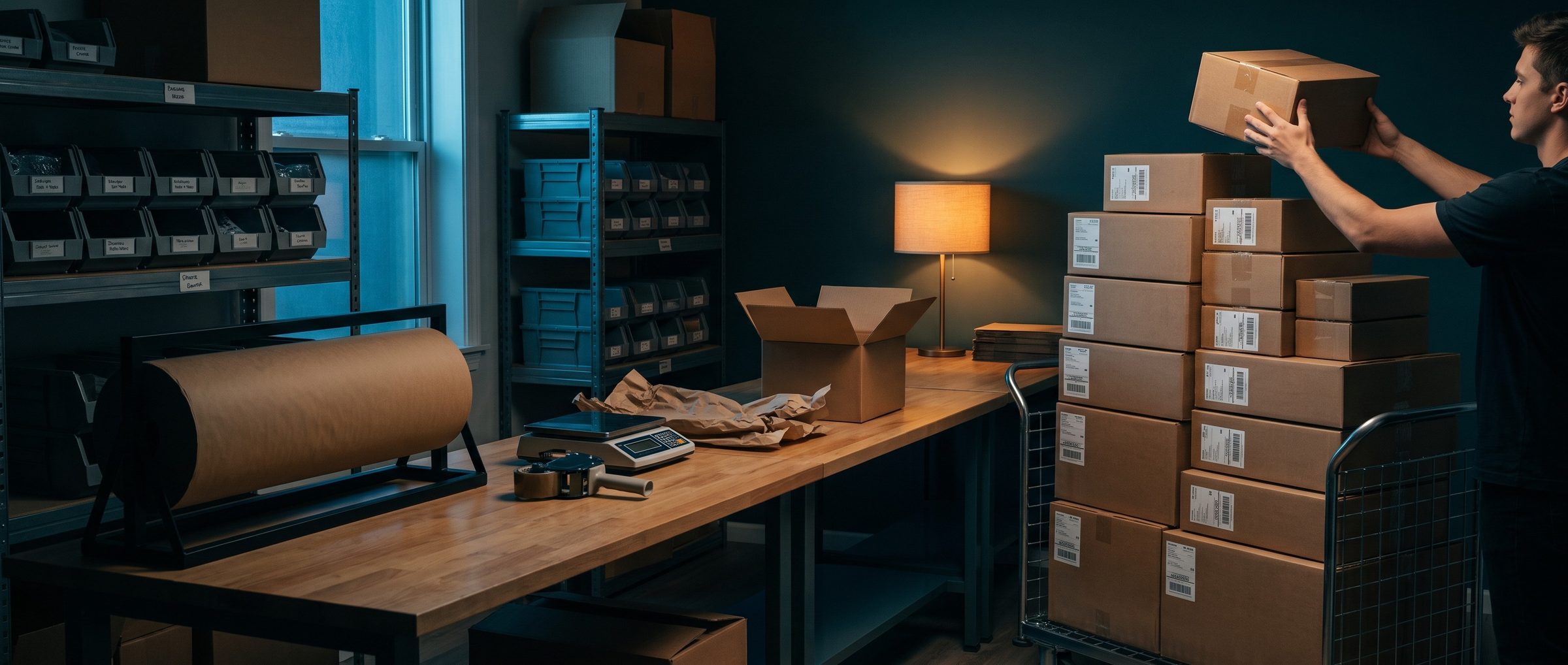 In a small online store's back room at dusk, a young man sets one more packed box on top of a tall stack of the day's labeled orders on a mail cart