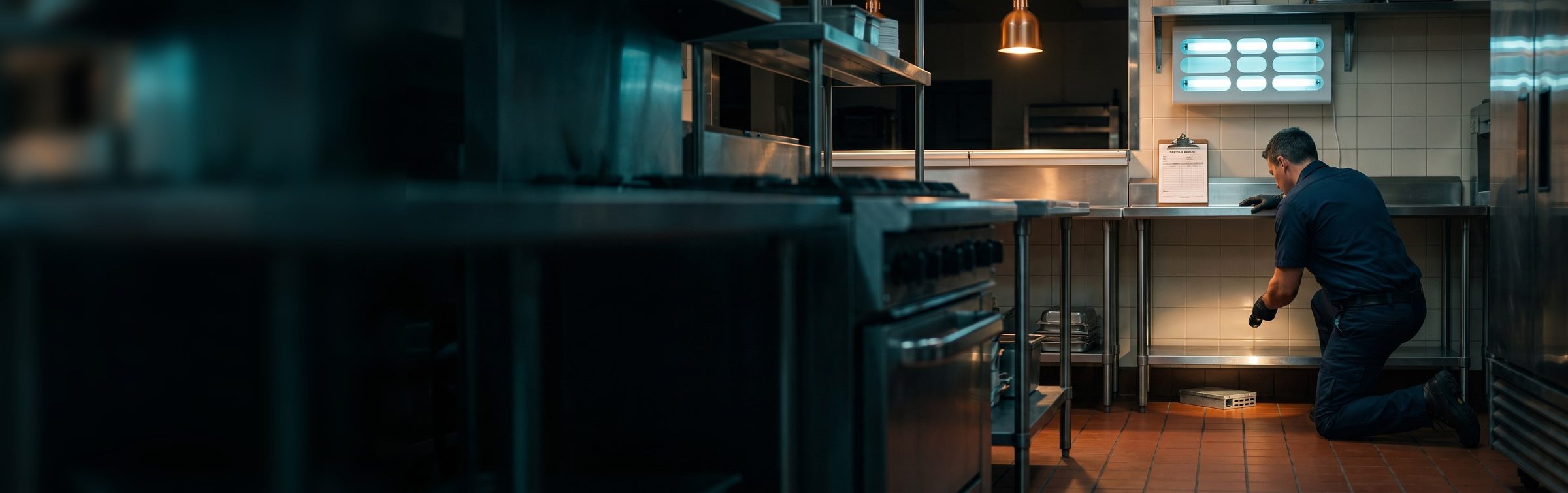 A pest control technician kneels beside a stainless steel prep table in a closed restaurant kitchen at night, checking a metal multi-catch mouse trap by flashlight, with a service report clipboard on the counter and a fly light glowing on the wall