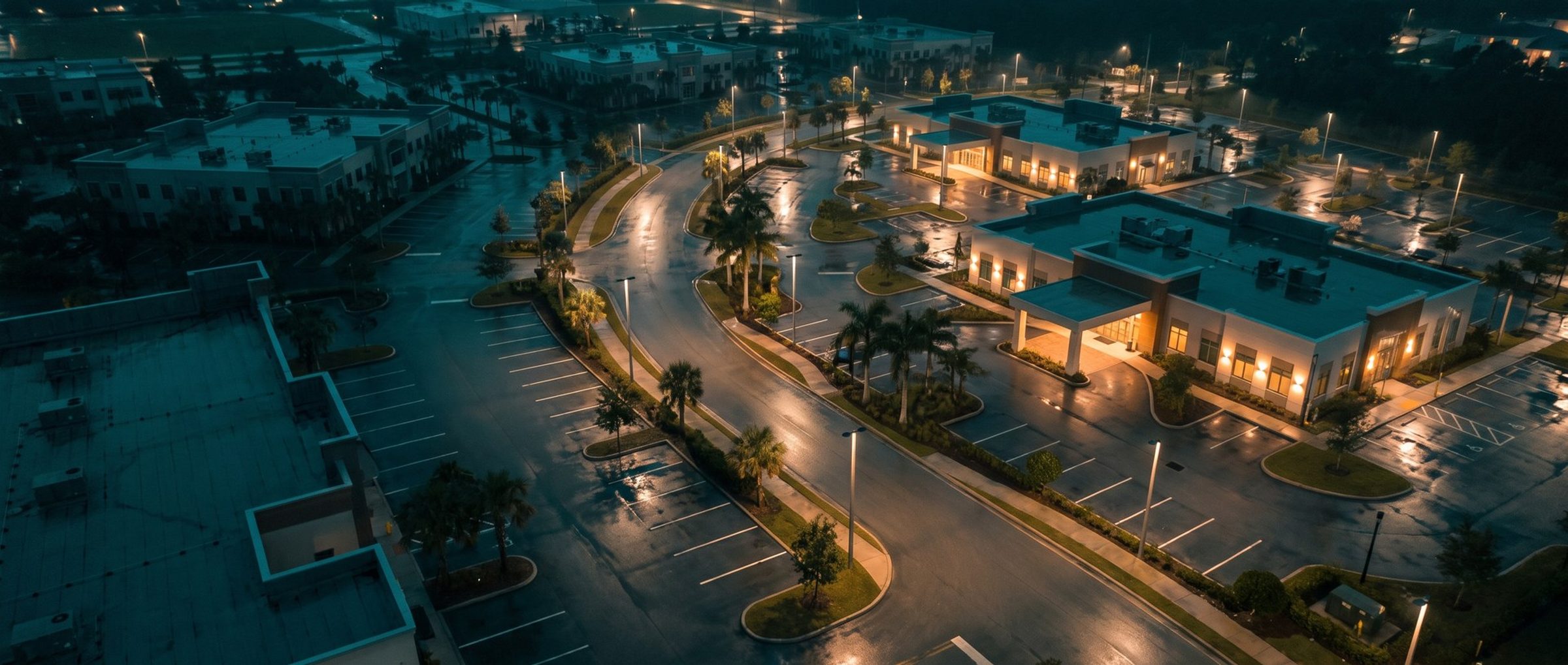 An aerial view at night over a medical office park after rain, where two clinic buildings glow warm amber while the rest of the campus sits dark