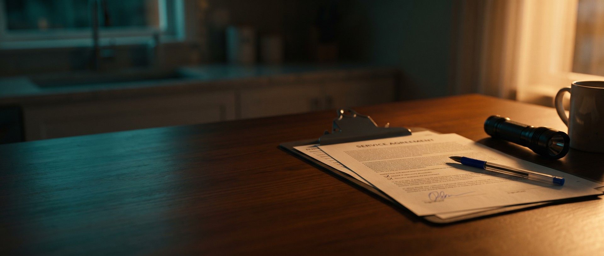 A just-signed pest control service agreement on a kitchen table in warm light, a blue pen set down across it, a technician's flashlight and a coffee mug beside it
