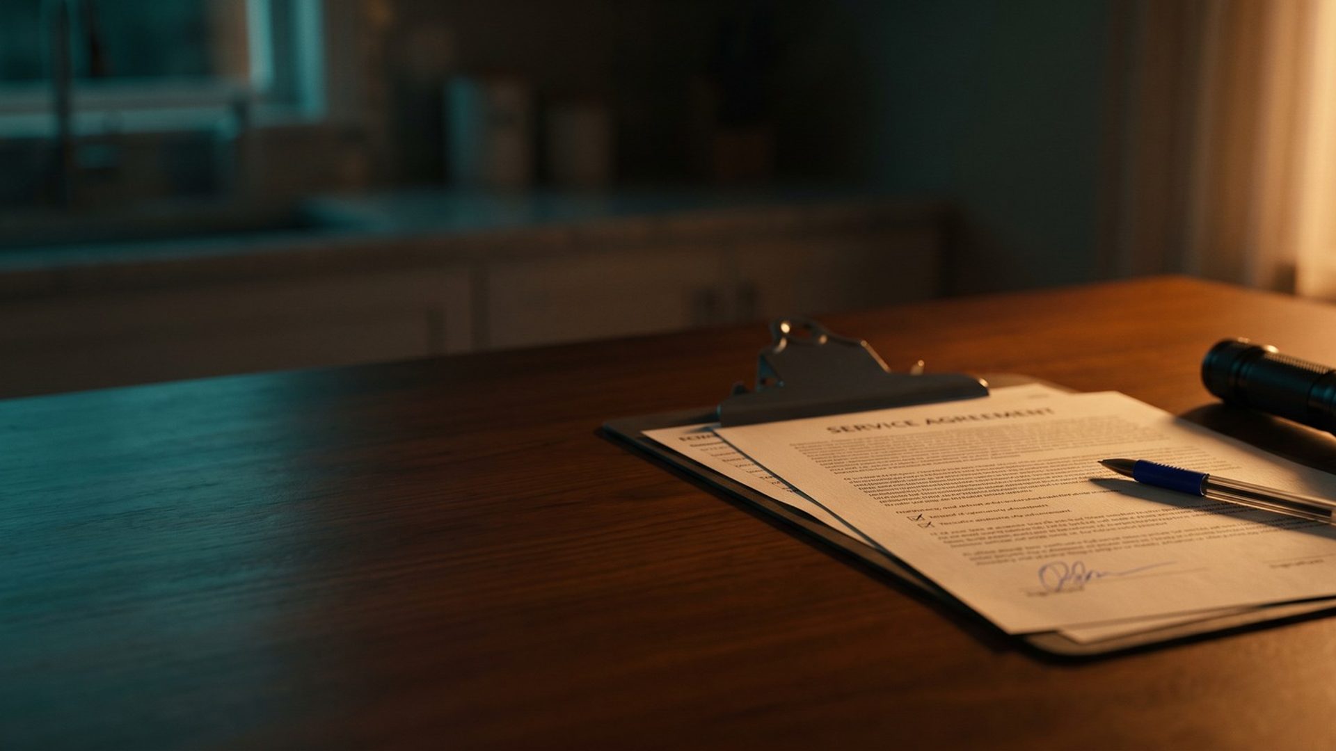 A just-signed pest control service agreement on a kitchen table in warm light, a blue pen set down across it, a technician's flashlight and a coffee mug beside it