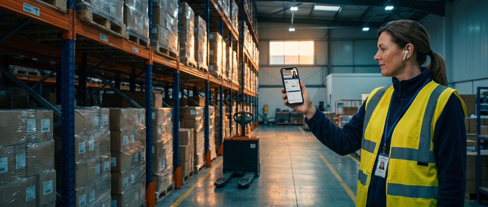An operations manager in a hi-vis vest stands in a warehouse aisle holding up her phone on a video call, a salesperson on screen above a software dashboard