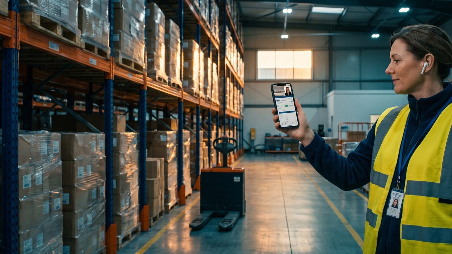 An operations manager in a hi-vis vest stands in a warehouse aisle holding up her phone on a video call, a salesperson on screen above a software dashboard