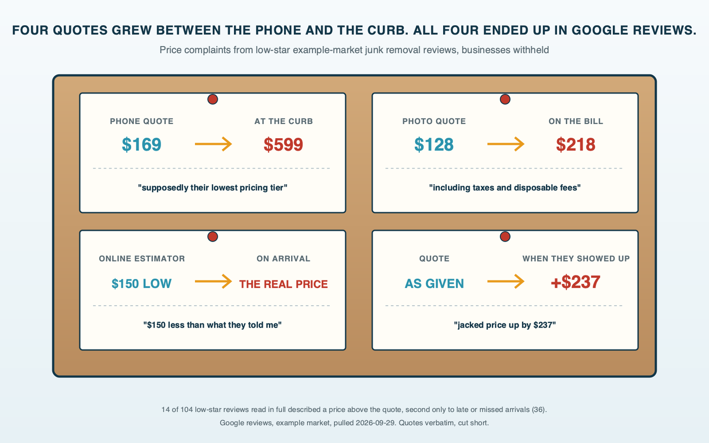 Pinboard diagram: four call slips pinned to a board, each showing a first quoted price and the final price a reviewer reported, $169 on the phone and $599 at arrival, $128 from a photo and $218 charged, an online estimate that came in $150 low, and a quote raised by $237 when the crew showed up