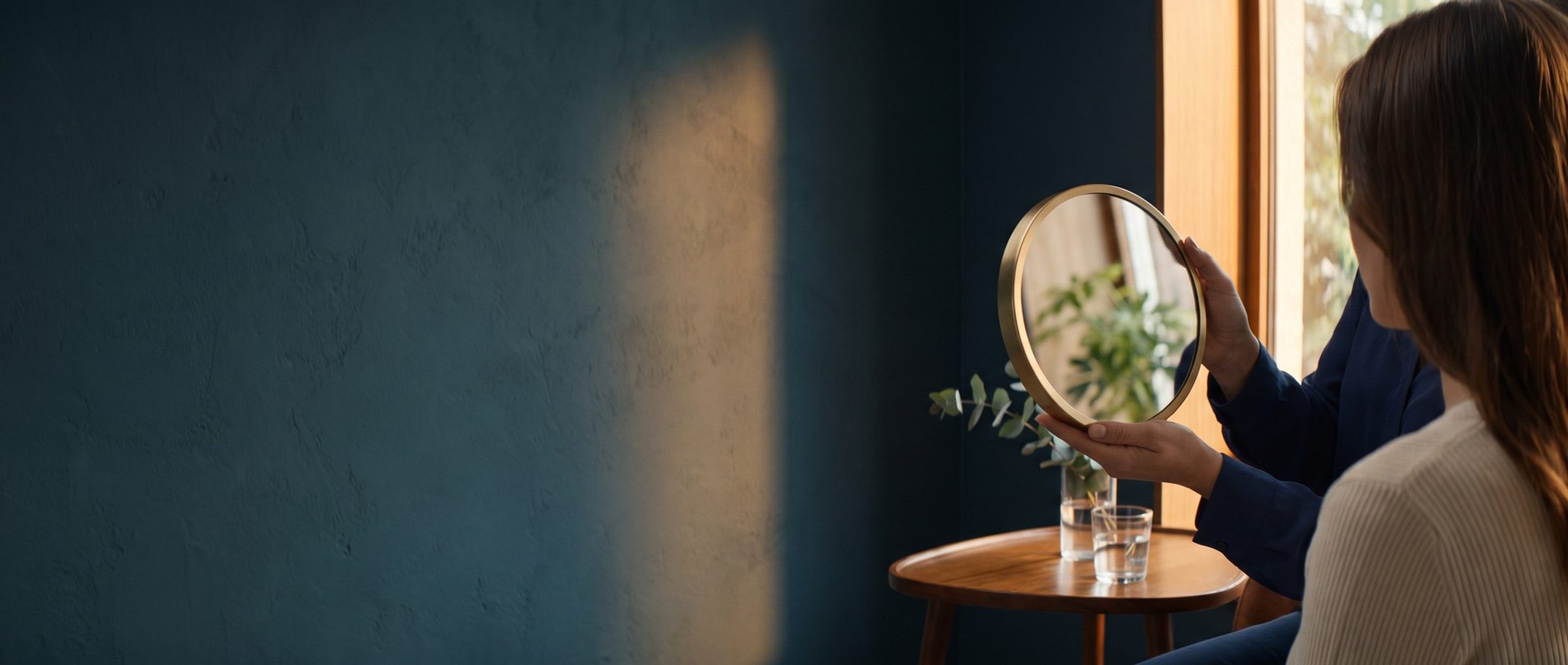 An injector's hands in navy sleeves hold a gold-rimmed mirror up for a seated client in a med spa consult room, eucalyptus on a side table in soft window light