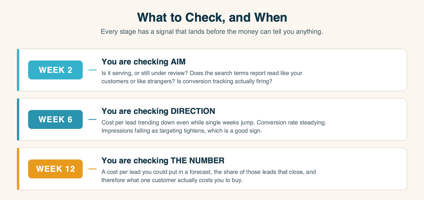 What to check at week two, week six and week twelve of a new ad campaign
