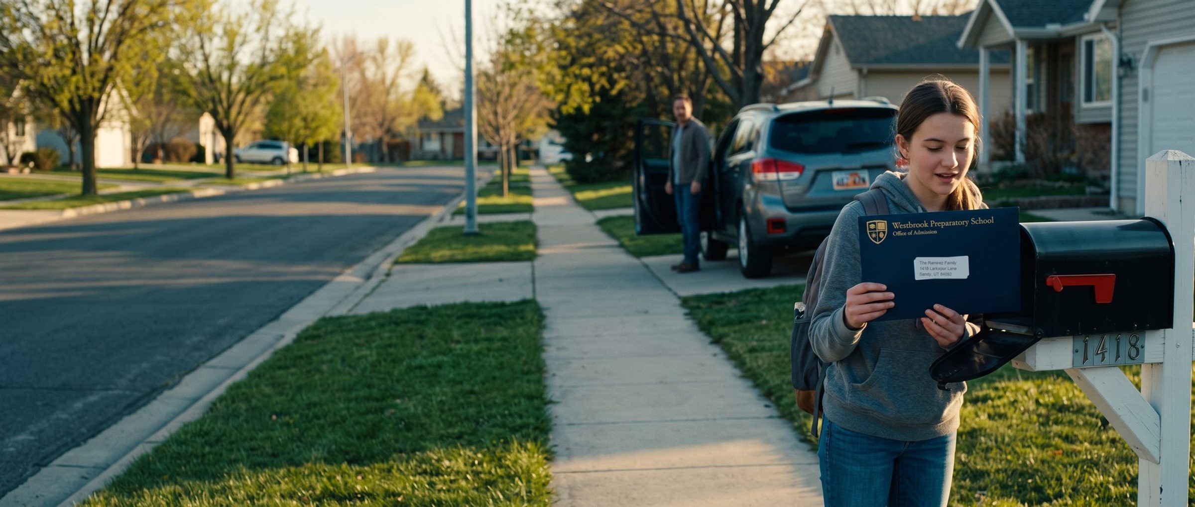 A teenage girl at a curbside mailbox holds a navy Westbrook Preparatory School admissions envelope with a gold crest while her father waits by the car in the driveway