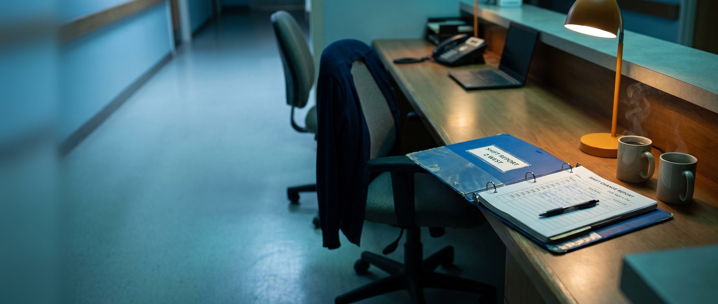 A nursing home nurse station at dawn: an open blue shift report binder under an amber task lamp beside two coffee mugs, one chair behind the counter holding a cardigan and the other empty