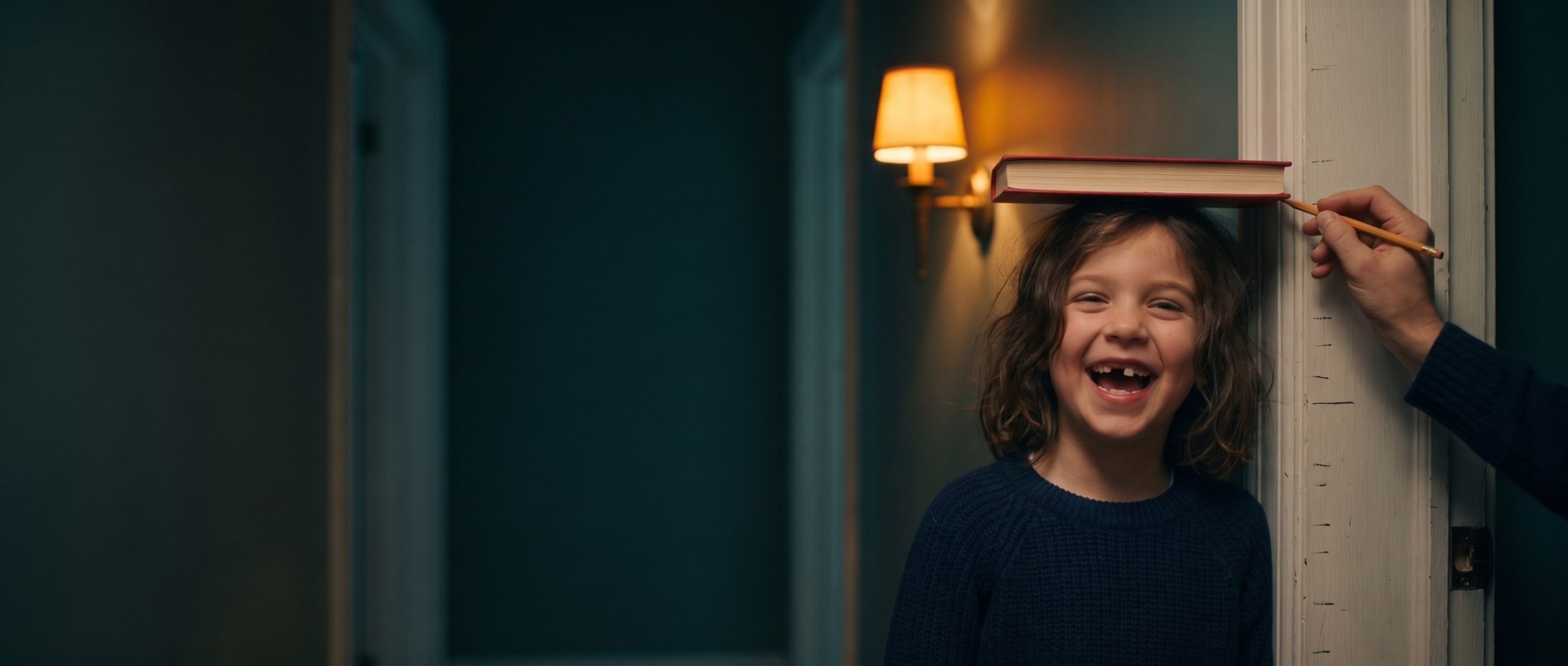 A laughing seven-year-old girl with a gap where her front teeth are missing, standing against a hallway doorframe with a red book flat on her head while a parent pencils her height along the edge of the book
