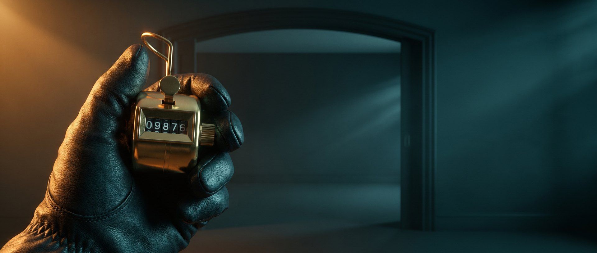 A brass hand tally counter wound up to a high reading, held in a gloved hand, with an empty doorway falling away into shadow behind it