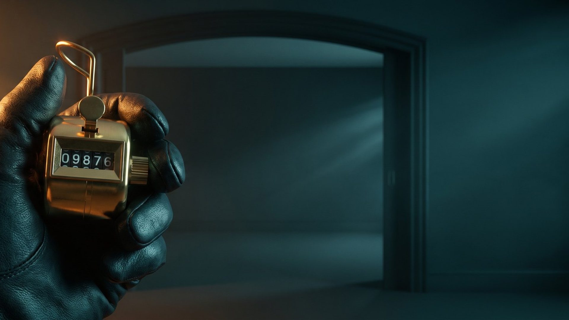 A brass hand tally counter wound up to a high reading, held in a gloved hand, with an empty doorway falling away into shadow behind it