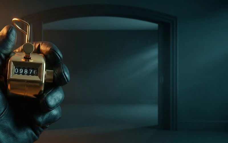 A brass hand tally counter wound up to a high reading, held in a gloved hand, with an empty doorway falling away into shadow behind it