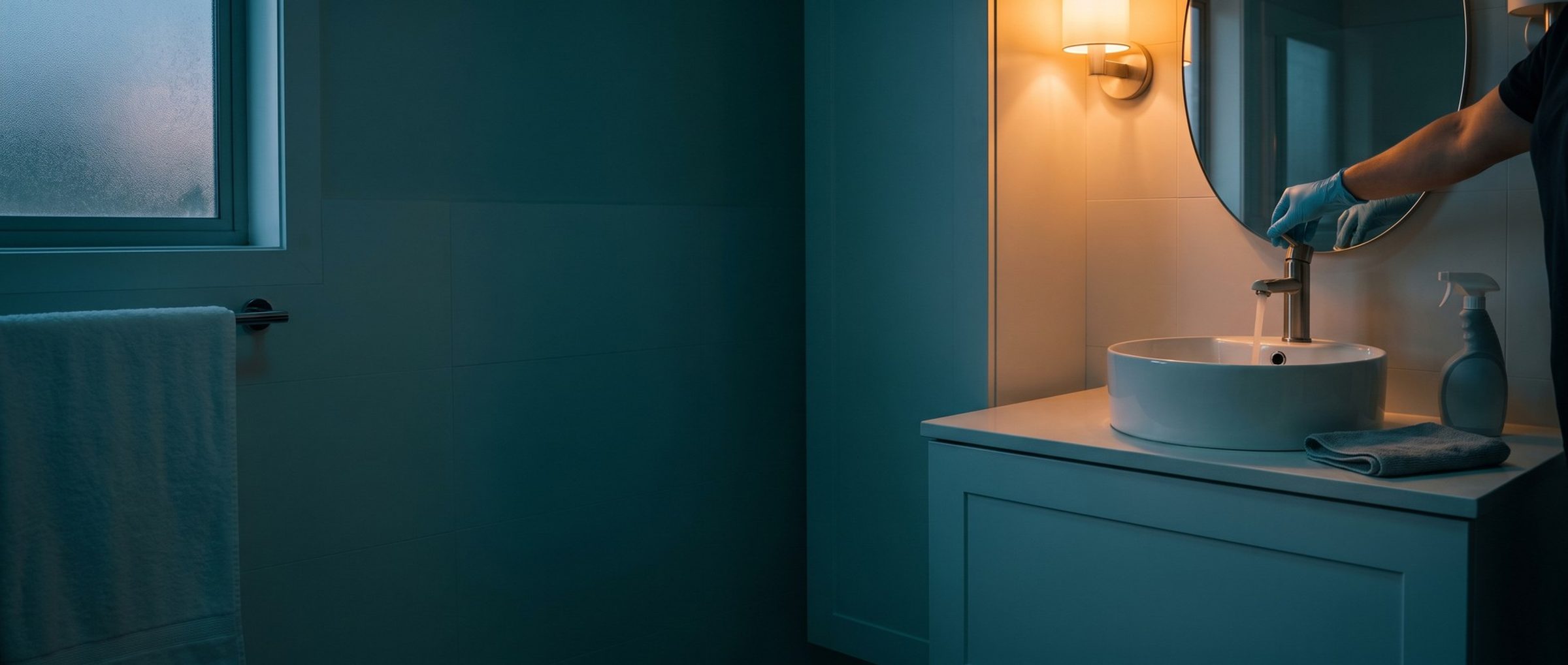A cleaner's blue-gloved hand shutting off a faucet left running into a spotless white bathroom sink at dusk, a folded cloth and spray bottle on the counter