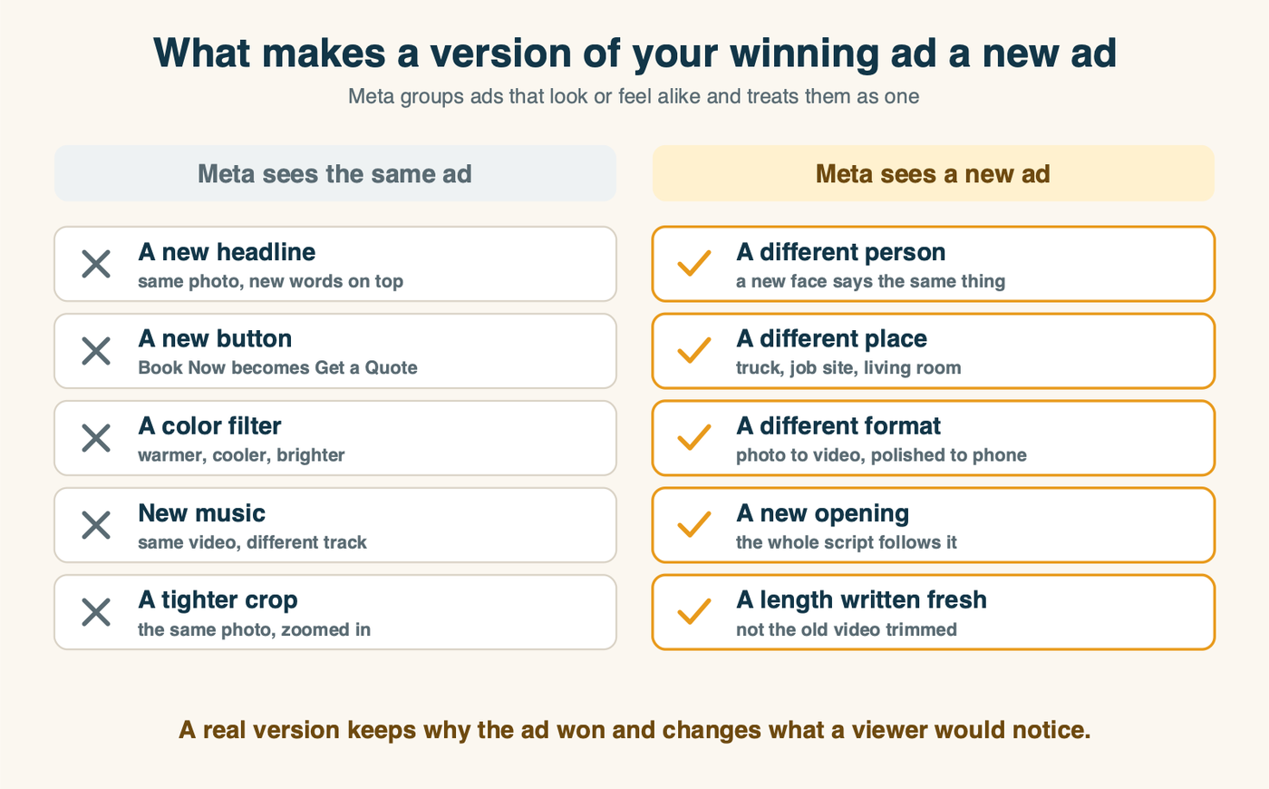 Two columns comparing changes to a winning Meta ad. Changes Meta treats as the same ad: a new headline, a new button, a color filter, new music, a tighter crop. Changes that make a real version: a different person on screen, a different place, a different format, a new opening that rewrites the script, and a length written fresh.