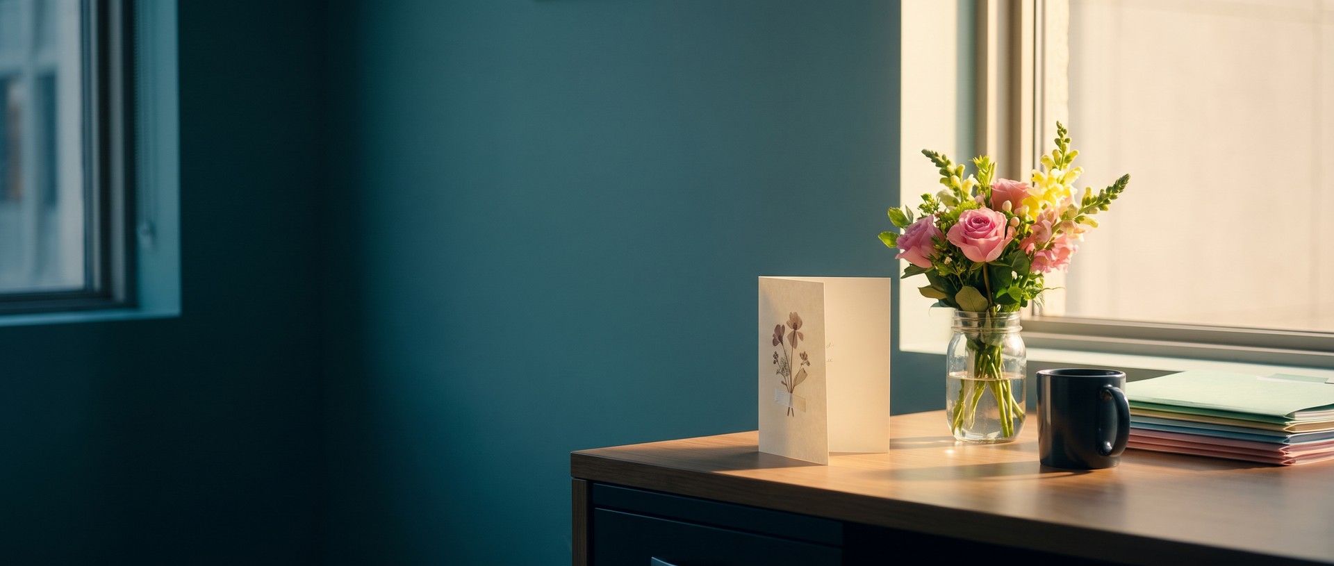 An open thank-you card on a sunlit office desk beside a jar of pink roses and yellow flowers, a coffee mug and a stack of pastel folders