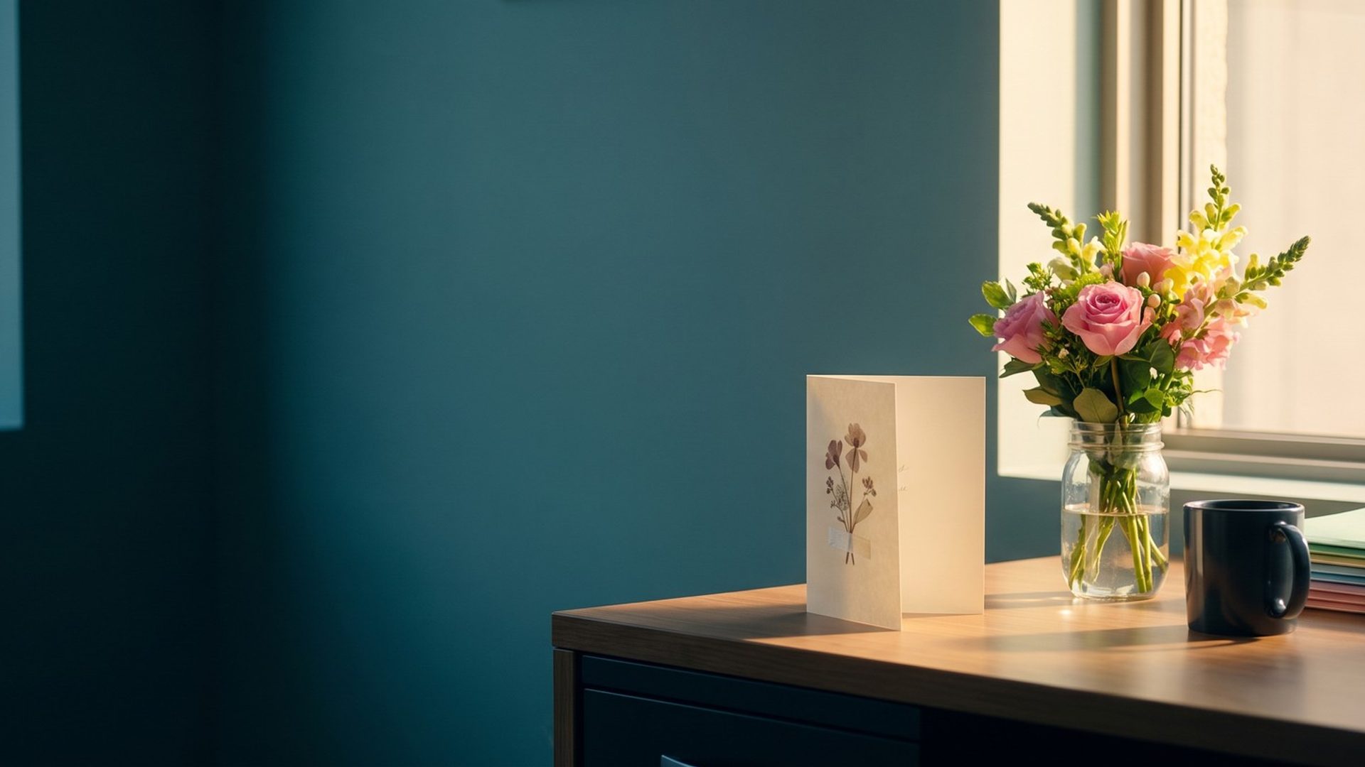 An open thank-you card on a sunlit office desk beside a jar of pink roses and yellow flowers, a coffee mug and a stack of pastel folders