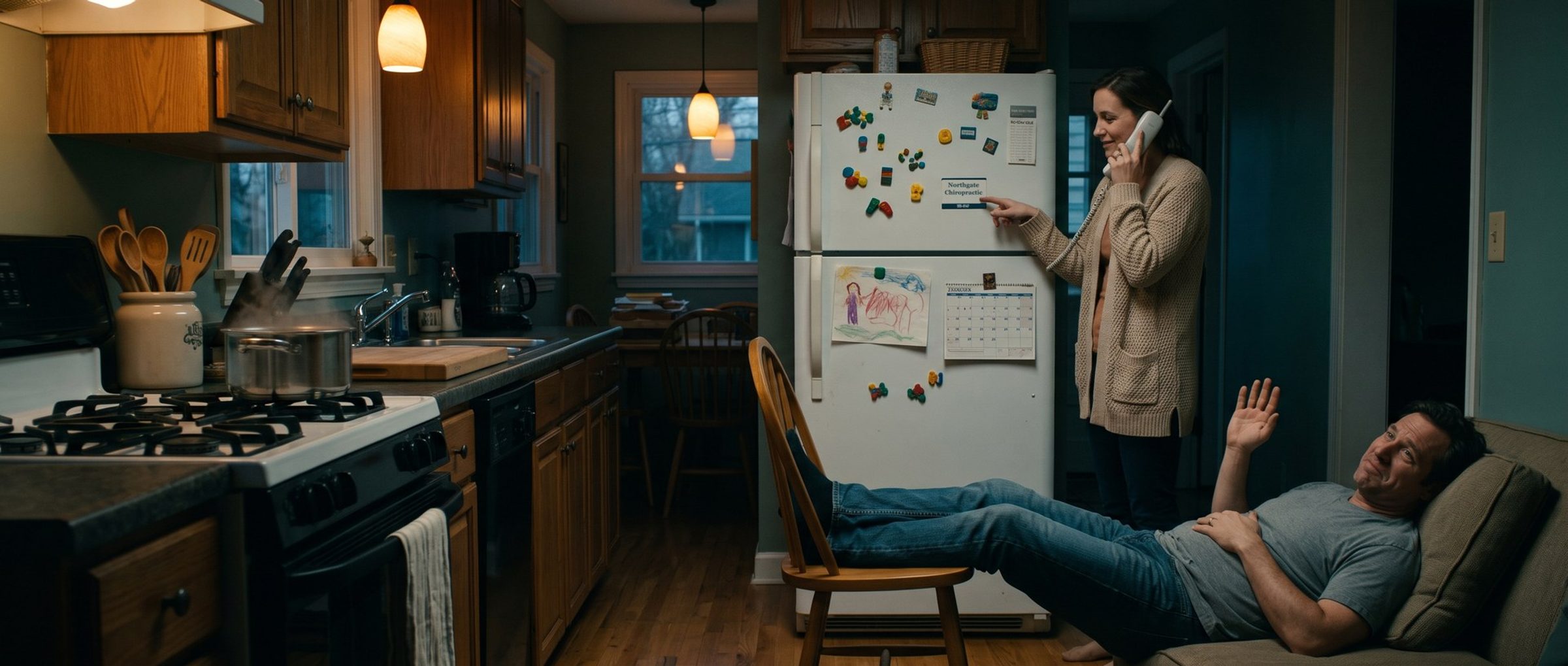 In a family kitchen before dinner, a woman on the phone points at a Northgate Chiropractic magnet on the fridge while a man lies on the floor with his calves on a chair