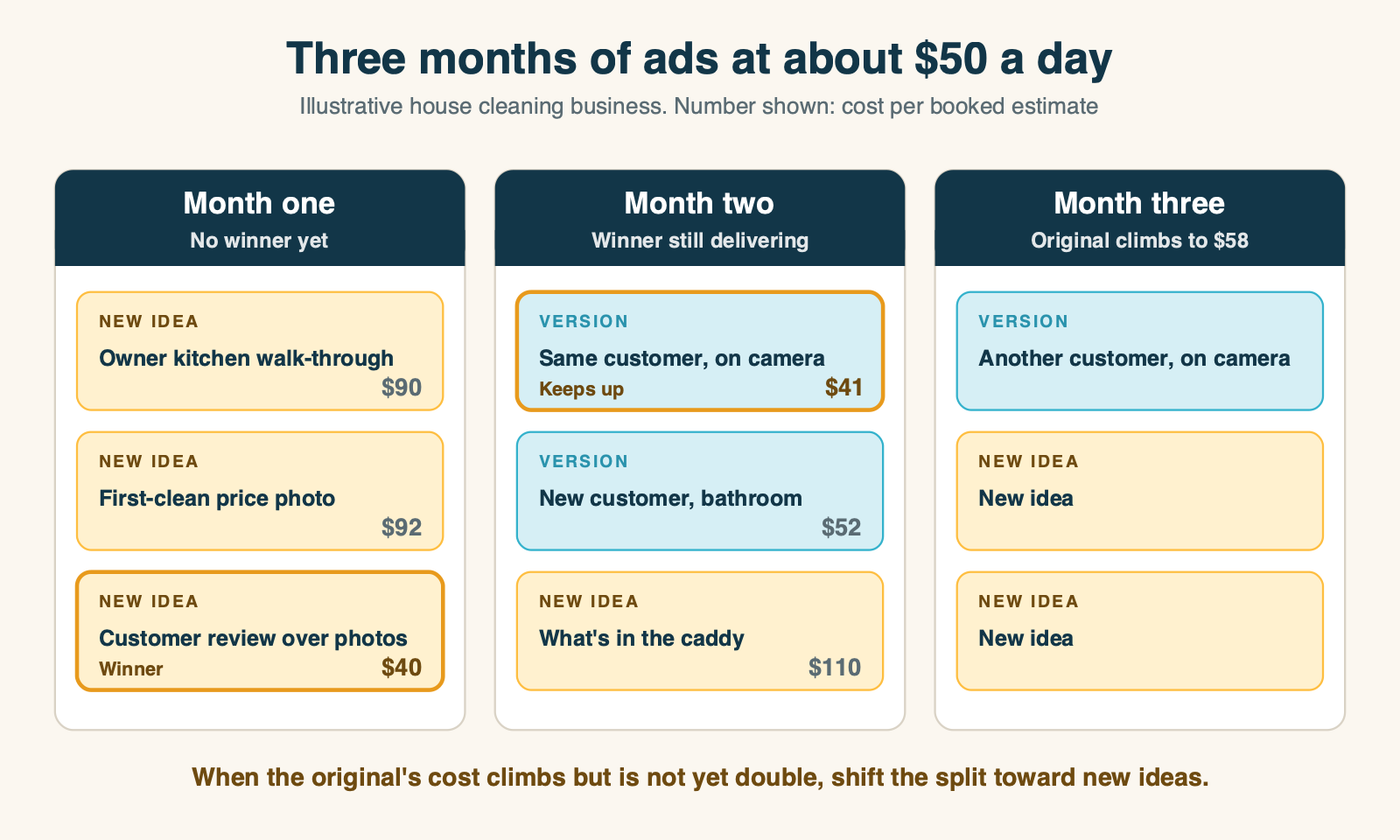 A three-month calendar for a small business making three Meta ads a month. Month one: three new ideas, one wins. Month two: two versions of the winner, a different format and a different customer, plus one new idea. Month three: the original's cost per booked estimate climbs from $40 to $58, so the split flips to one version and two new ideas.