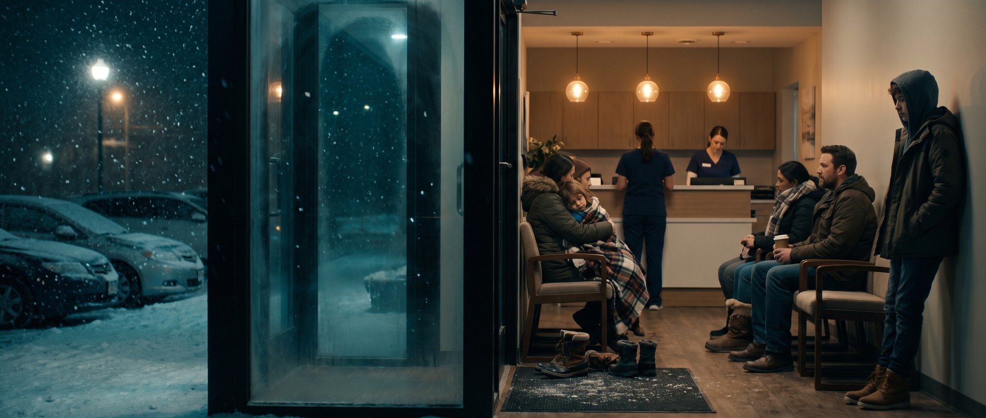 A small urgent care waiting room on a snowy evening: patients in winter coats fill the chairs, a parent holds a child wrapped in a plaid blanket, staff in navy scrubs work the front desk, and snow falls past the glass front