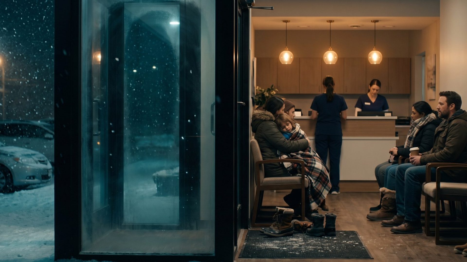 A small urgent care waiting room on a snowy evening: patients in winter coats fill the chairs, a parent holds a child wrapped in a plaid blanket, staff in navy scrubs work the front desk, and snow falls past the glass front