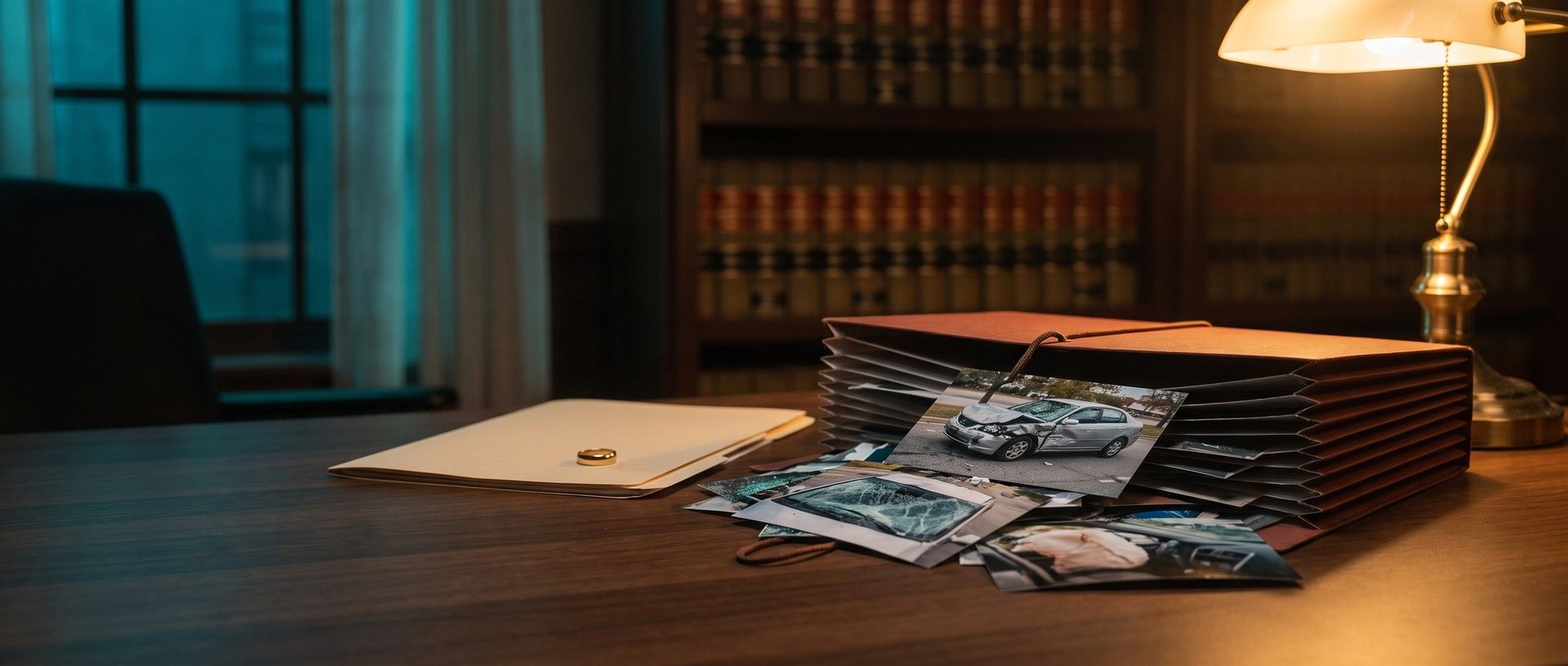 A lawyer's desk under a brass banker's lamp: a bulging red accordion file spilling printed photos of a crashed silver sedan, a shattered windshield and a deployed airbag, beside a nearly flat manila folder with a gold wedding band on top