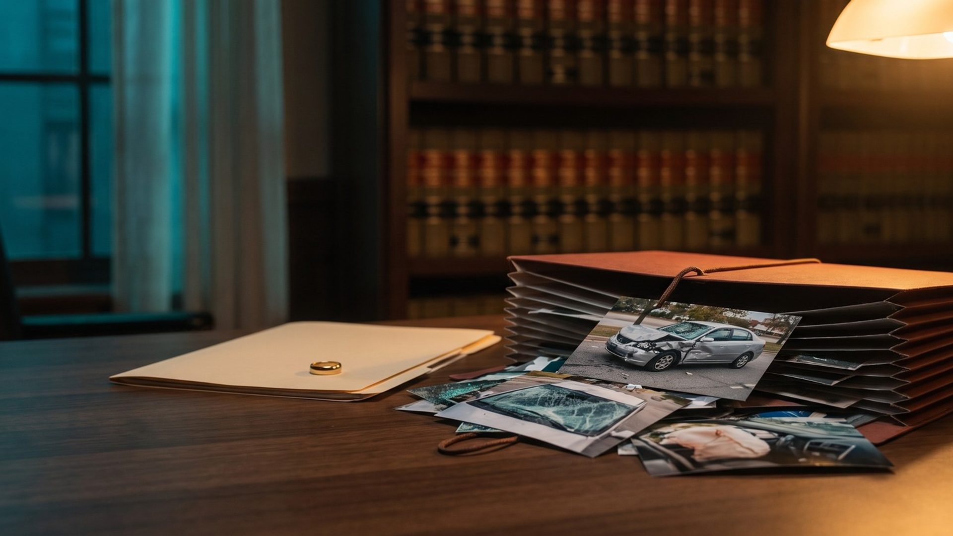 A lawyer's desk under a brass banker's lamp: a bulging red accordion file spilling printed photos of a crashed silver sedan, a shattered windshield and a deployed airbag, beside a nearly flat manila folder with a gold wedding band on top