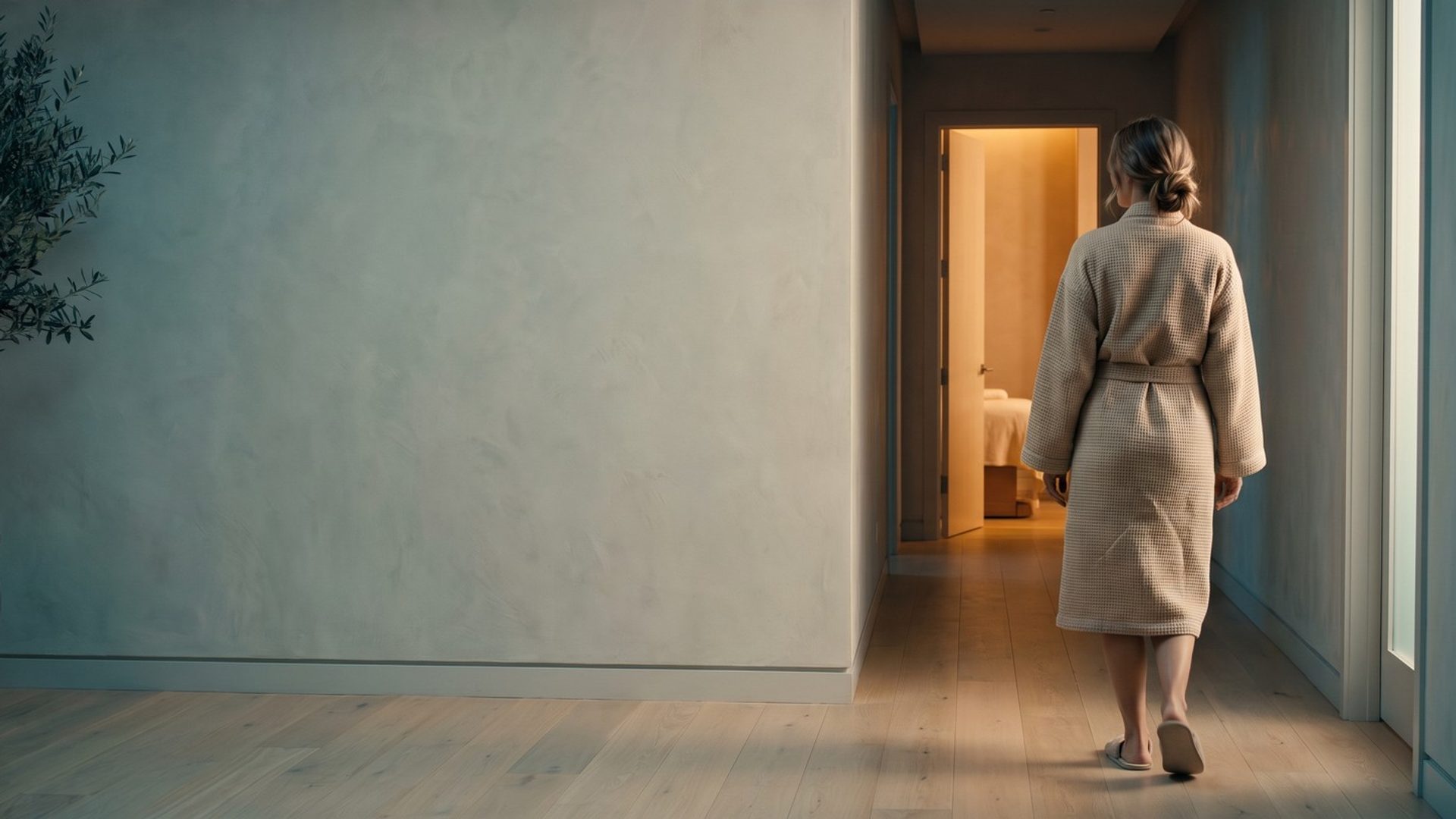 A client seen from behind in a waffle-knit robe and slippers walking down a calm med spa hallway toward an open treatment room glowing with warm light