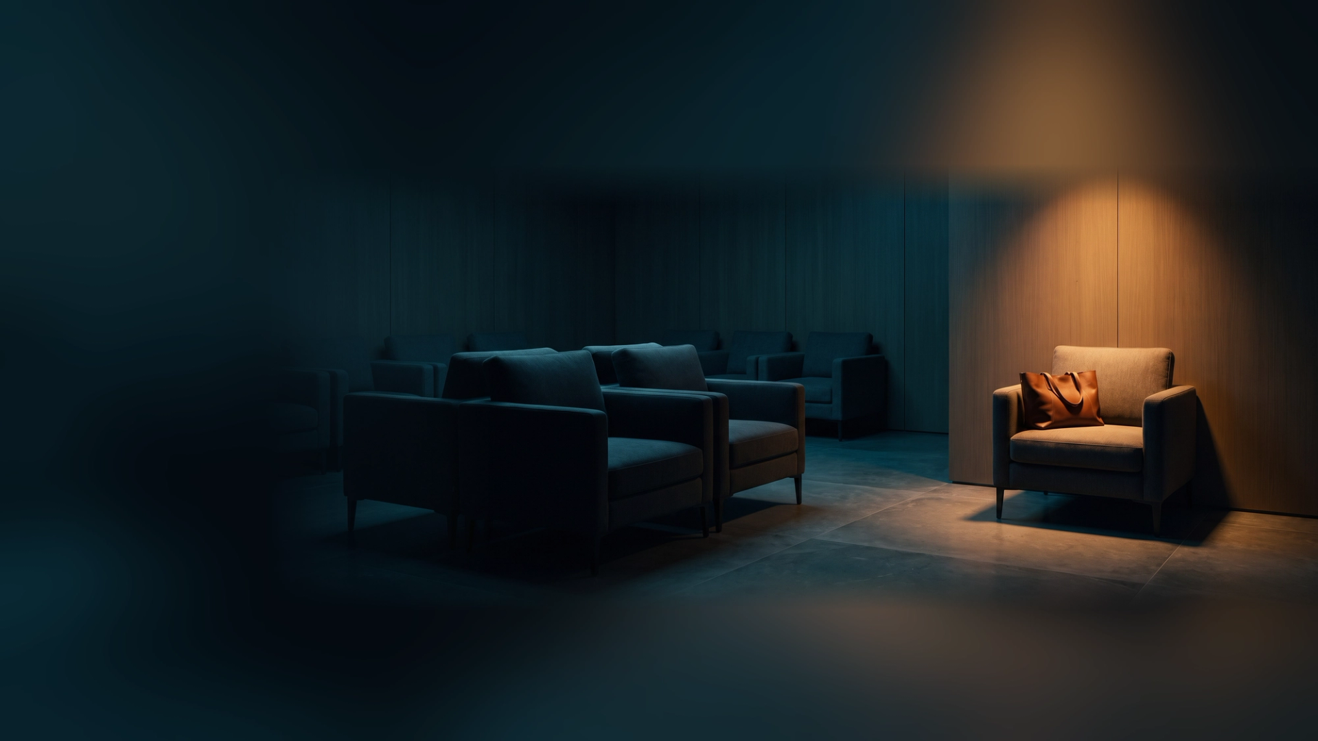 An upscale waiting room of empty chairs in shadow, one chair lit warm amber with a handbag on its seat