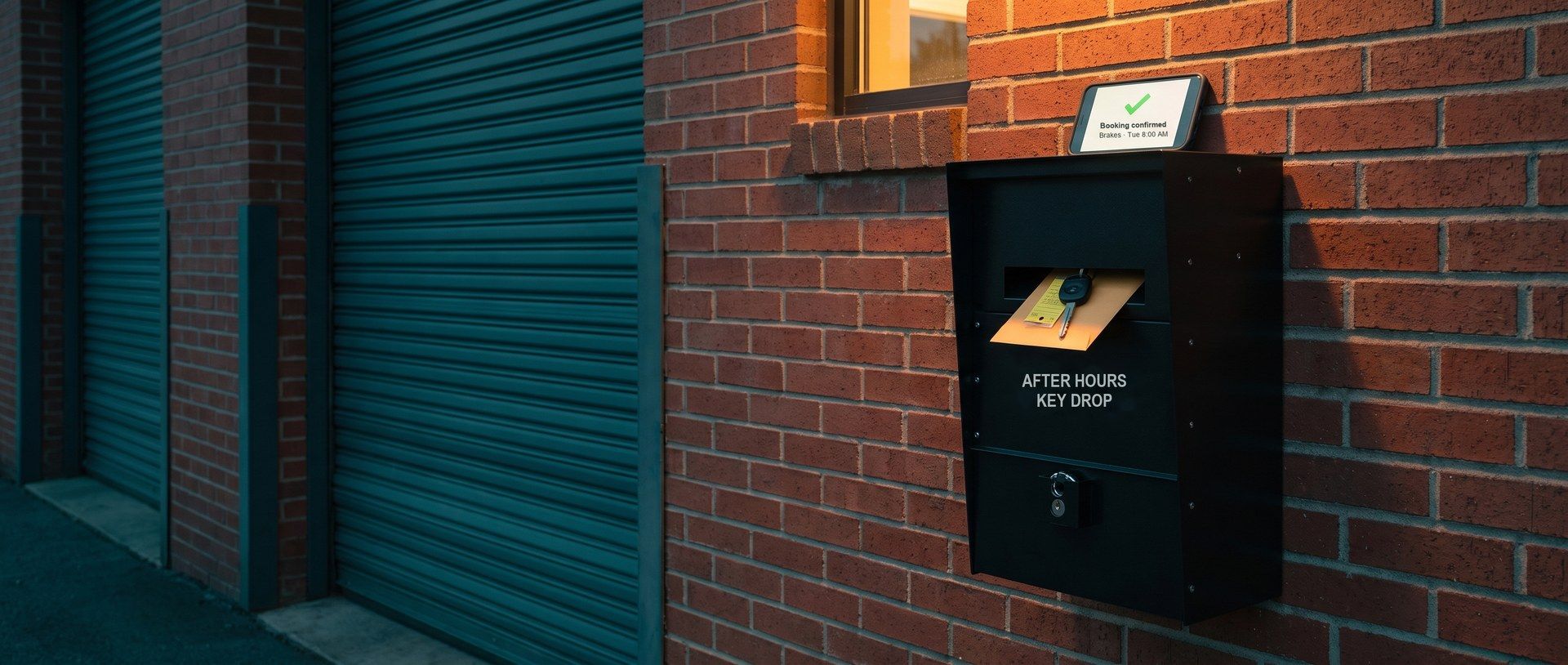 A black after-hours key drop box on an auto repair shop's brick wall at dusk beside closed bay doors, a key envelope with a yellow key tag in its chute and a phone on top showing a booking confirmation for brakes on Tuesday at 8:00 AM