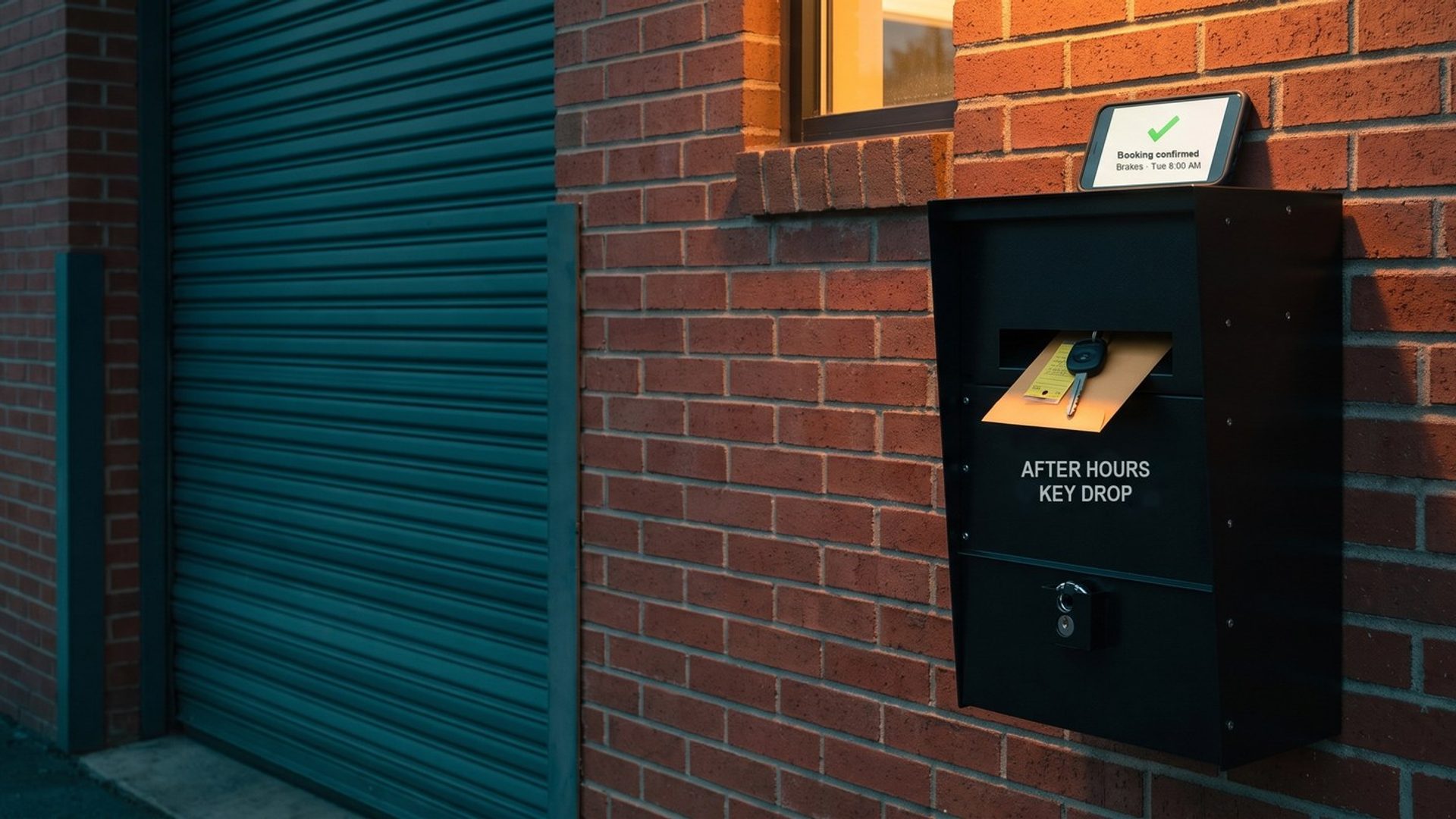 A black after-hours key drop box on an auto repair shop's brick wall at dusk beside closed bay doors, a key envelope with a yellow key tag in its chute and a phone on top showing a booking confirmation for brakes on Tuesday at 8:00 AM