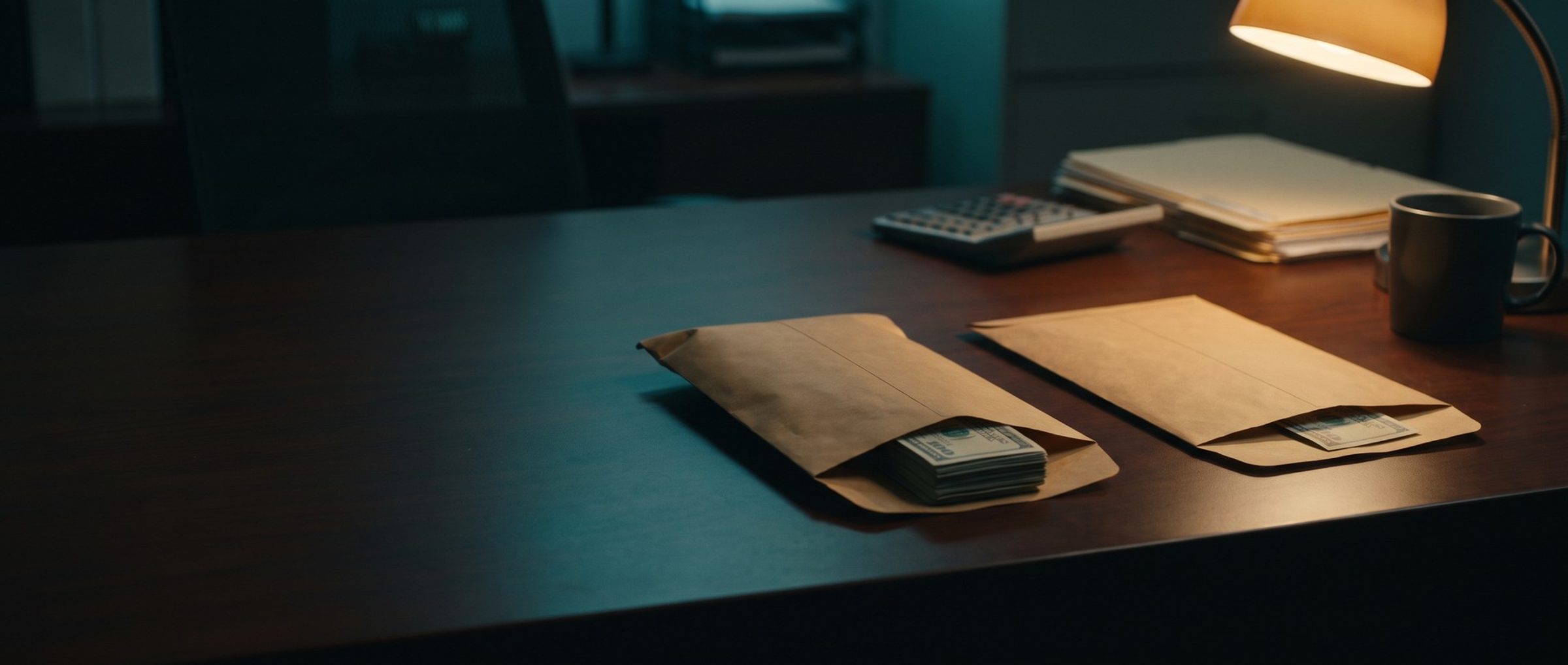 Two plain brown kraft envelopes lying apart on a dark wooden office desk under a warm desk lamp, the left one holding a thick stack of bills and the right one holding a single bill, with a calculator, client folders and a mug behind them