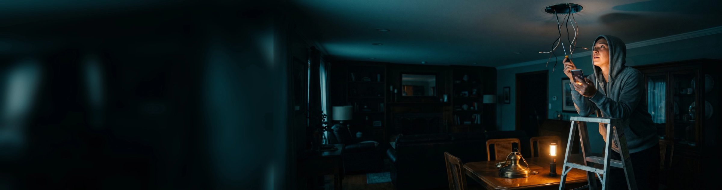 A homeowner in a hoodie on a stepladder at night under an open ceiling light box, wires hanging down, holding a phone up to follow along with a screwdriver in the other hand