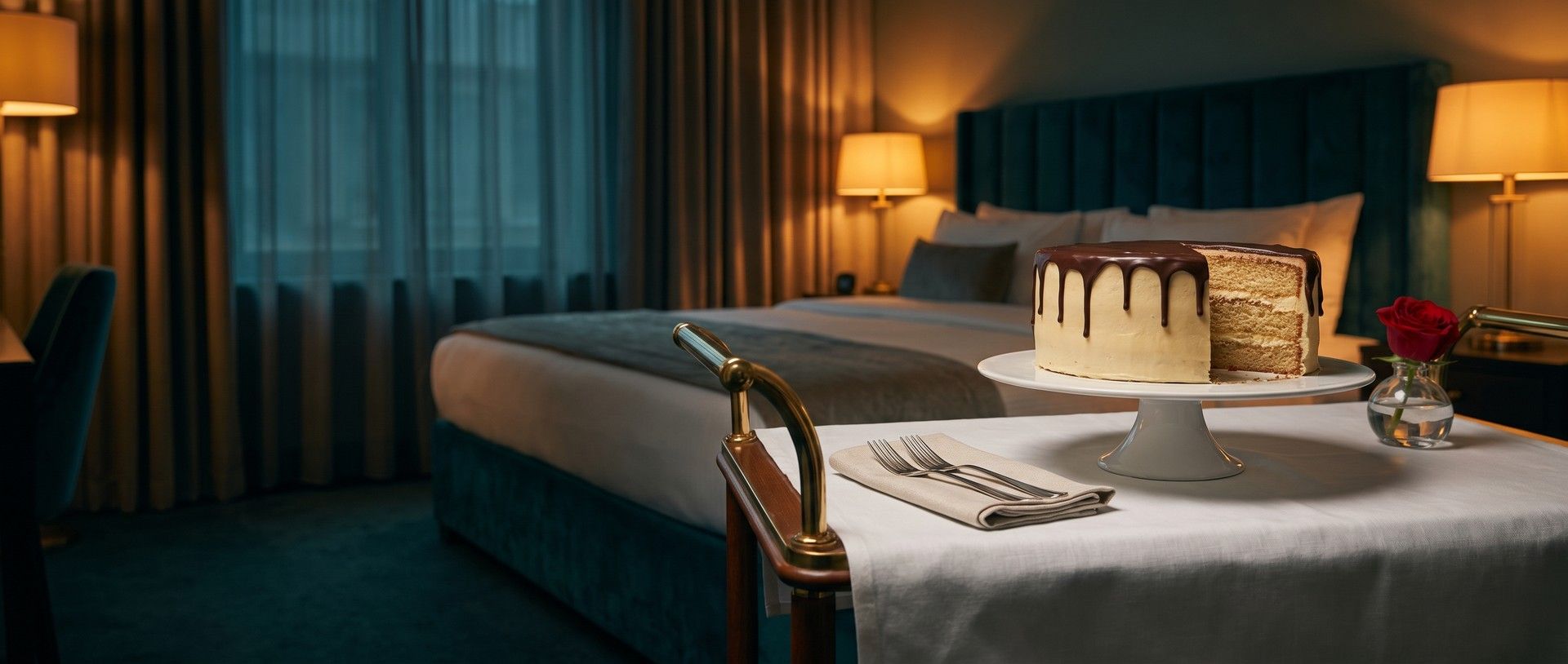 A boutique hotel room at night with the bed and lamps softly behind, and in front a room-service cart holding a cream cake with a chocolate drip on a china stand, about a quarter of it cleanly cut away and gone, beside two unused forks and a red rose
