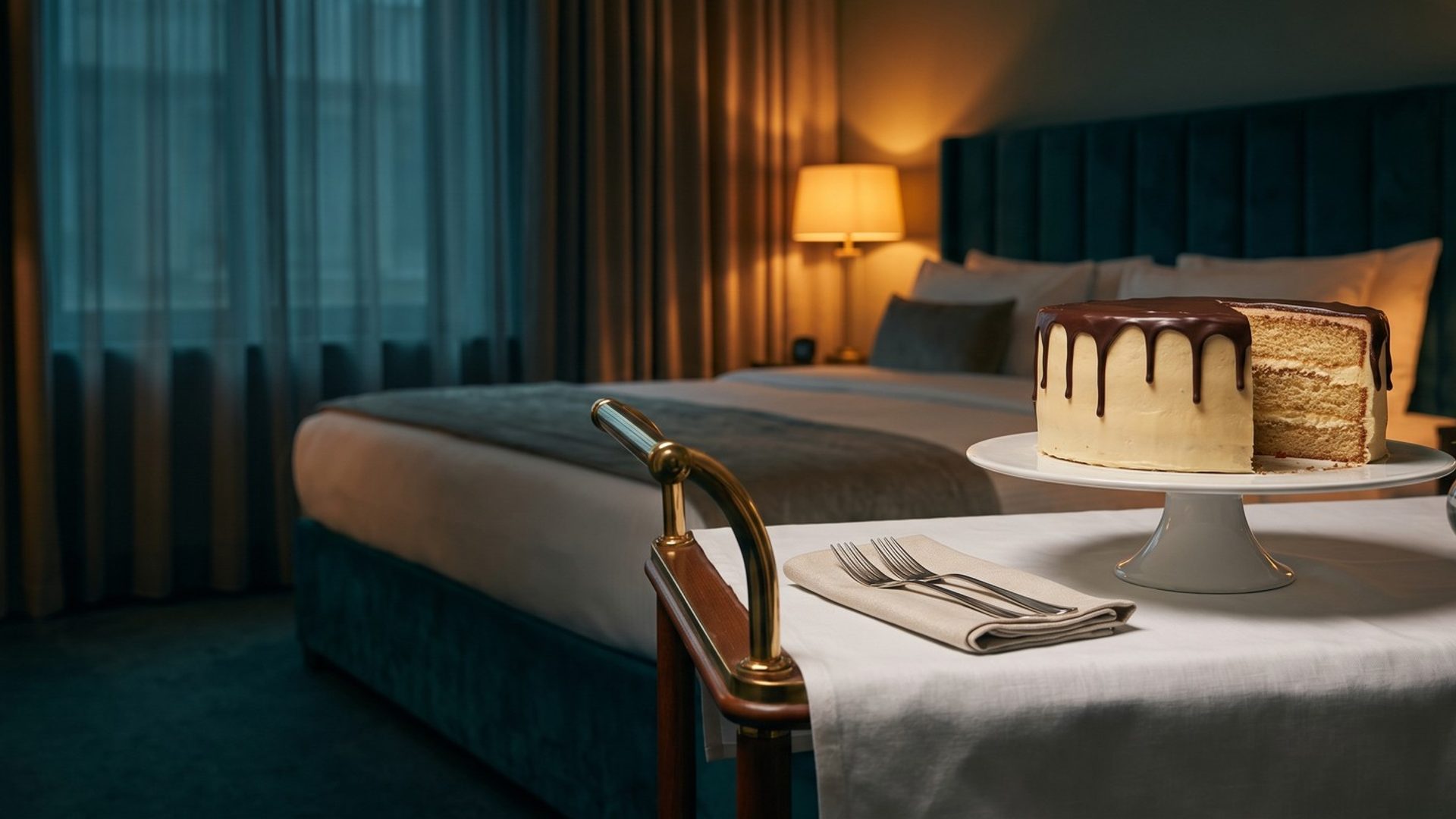 A boutique hotel room at night with the bed and lamps softly behind, and in front a room-service cart holding a cream cake with a chocolate drip on a china stand, about a quarter of it cleanly cut away and gone, beside two unused forks and a red rose