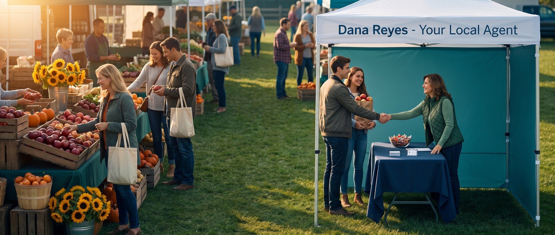 At a sunny fall farmers market, a local insurance agent in a green vest stands behind her table under a canopy reading Dana Reyes - Your Local Agent and shakes hands with a young couple holding a bag of apples, with produce stands and shoppers to the left