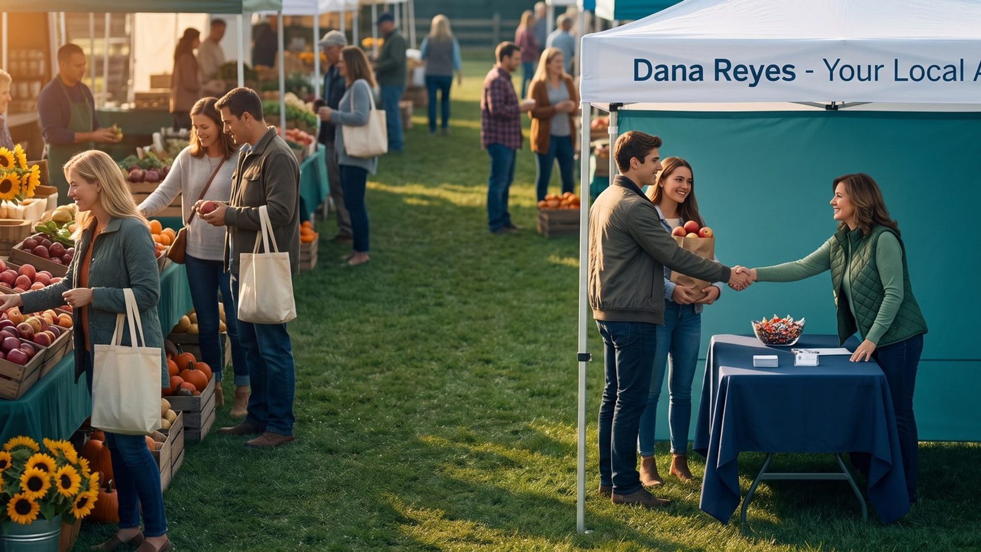 At a sunny fall farmers market, a local insurance agent in a green vest stands behind her table under a canopy reading Dana Reyes - Your Local Agent and shakes hands with a young couple holding a bag of apples, with produce stands and shoppers to the left