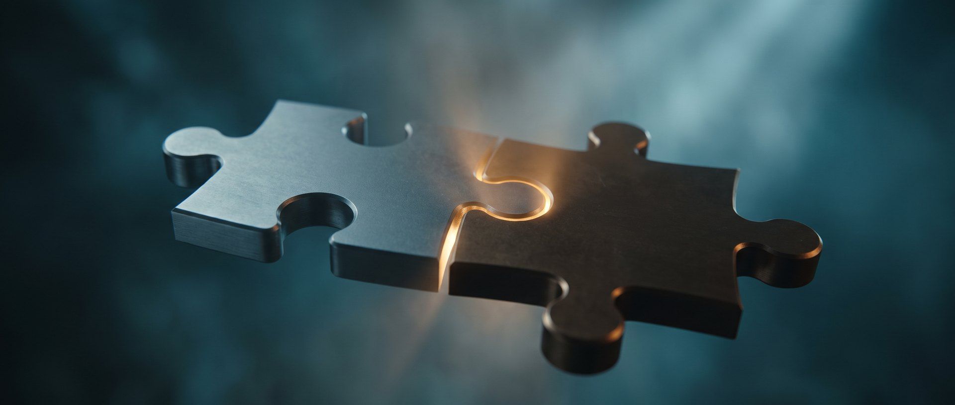 Two precision-machined puzzle pieces interlocking with a warm amber glow at the seam - the moment a landing page's problem section makes the visitor feel understood.