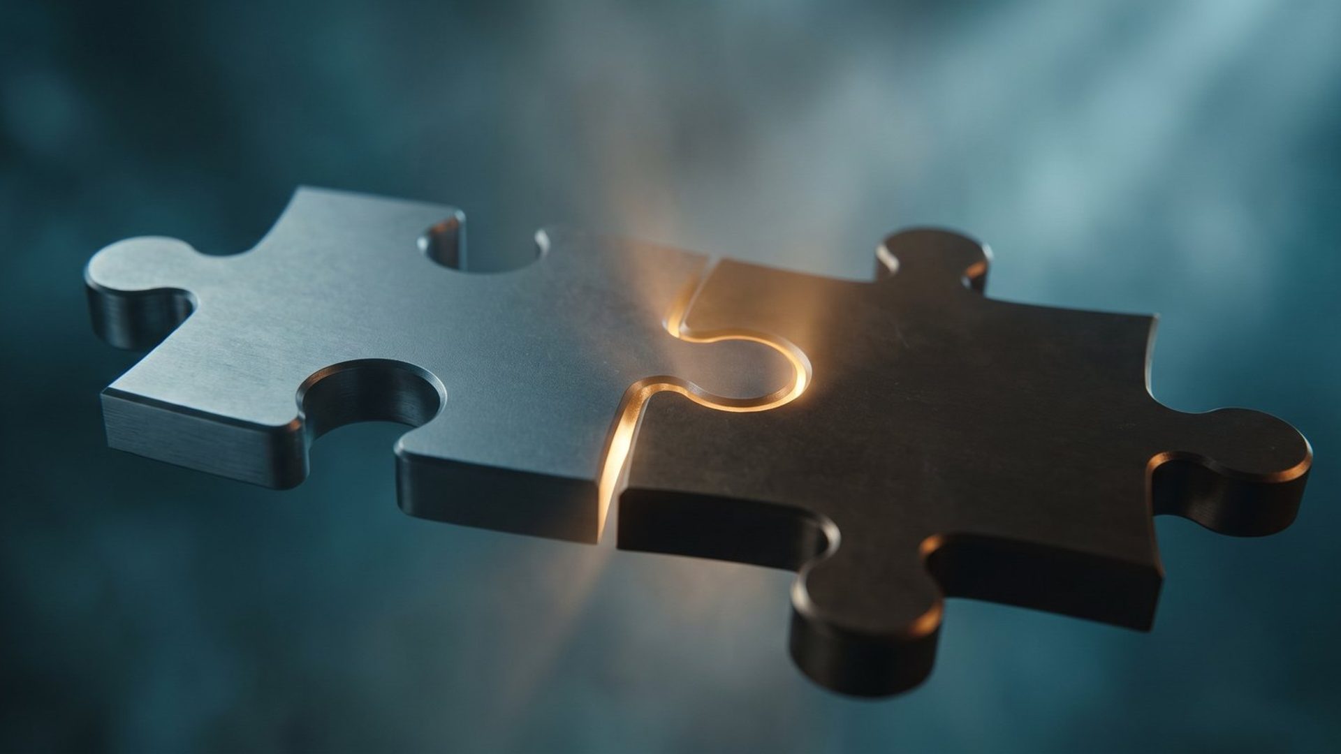 Two precision-machined puzzle pieces interlocking with a warm amber glow at the seam - the moment a landing page's problem section makes the visitor feel understood.