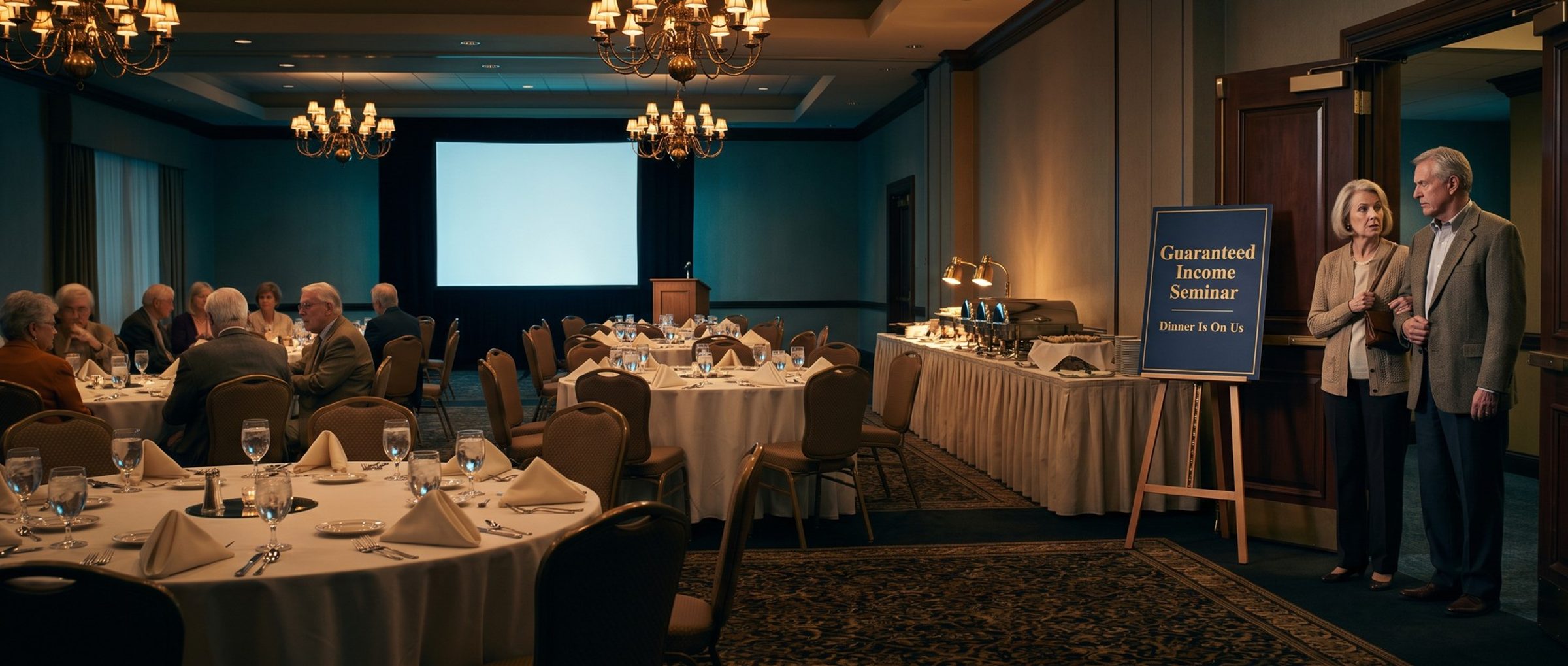In a chandelier-lit hotel banquet room set for a free-dinner retirement seminar, a wary retired couple pause inside the doors beside an easel sign reading Guaranteed Income Seminar, Dinner Is On Us