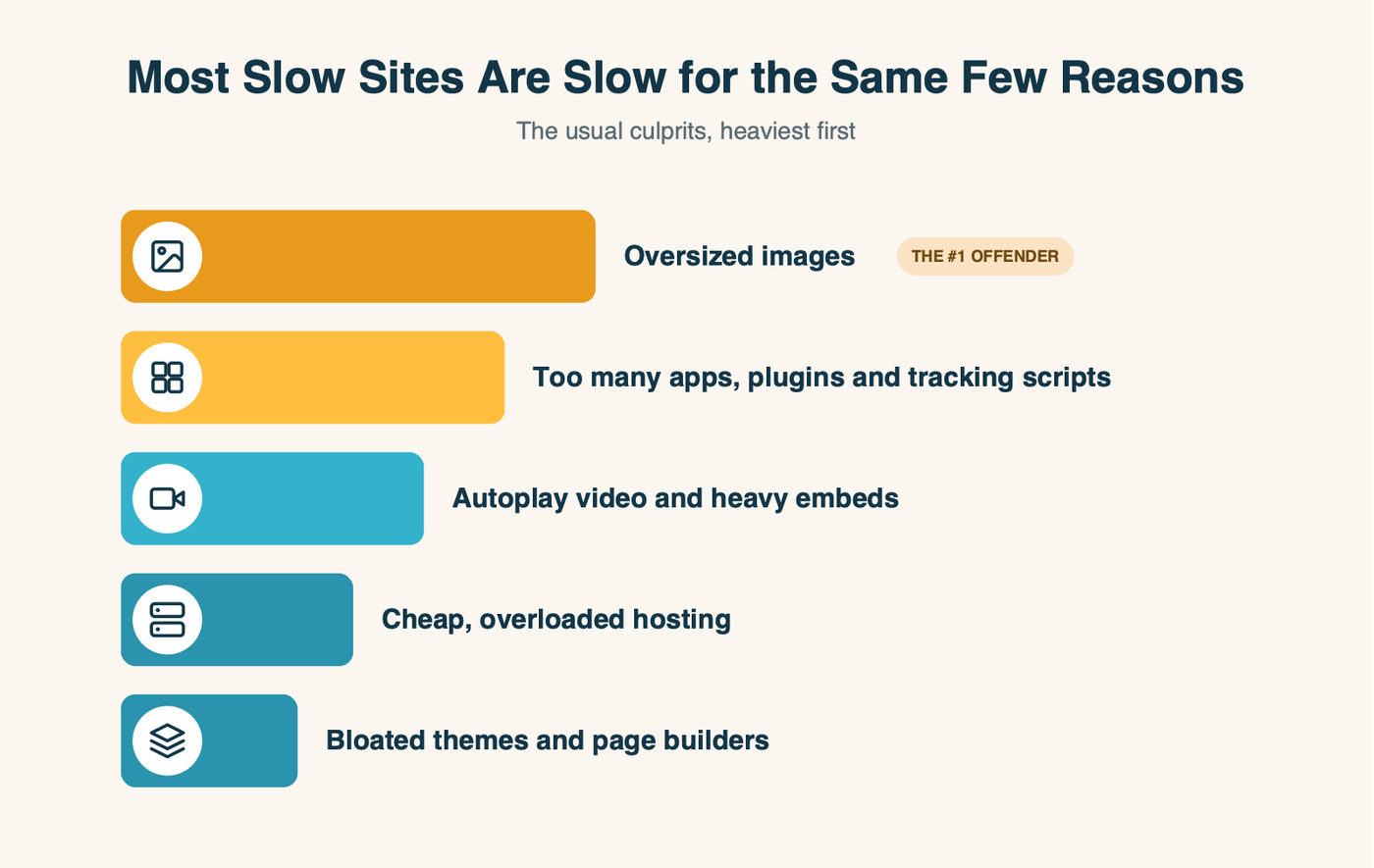 Ranked bars of what slows sites down: oversized images the #1 offender, then apps and plugins, autoplay video, cheap hosting, bloated themes