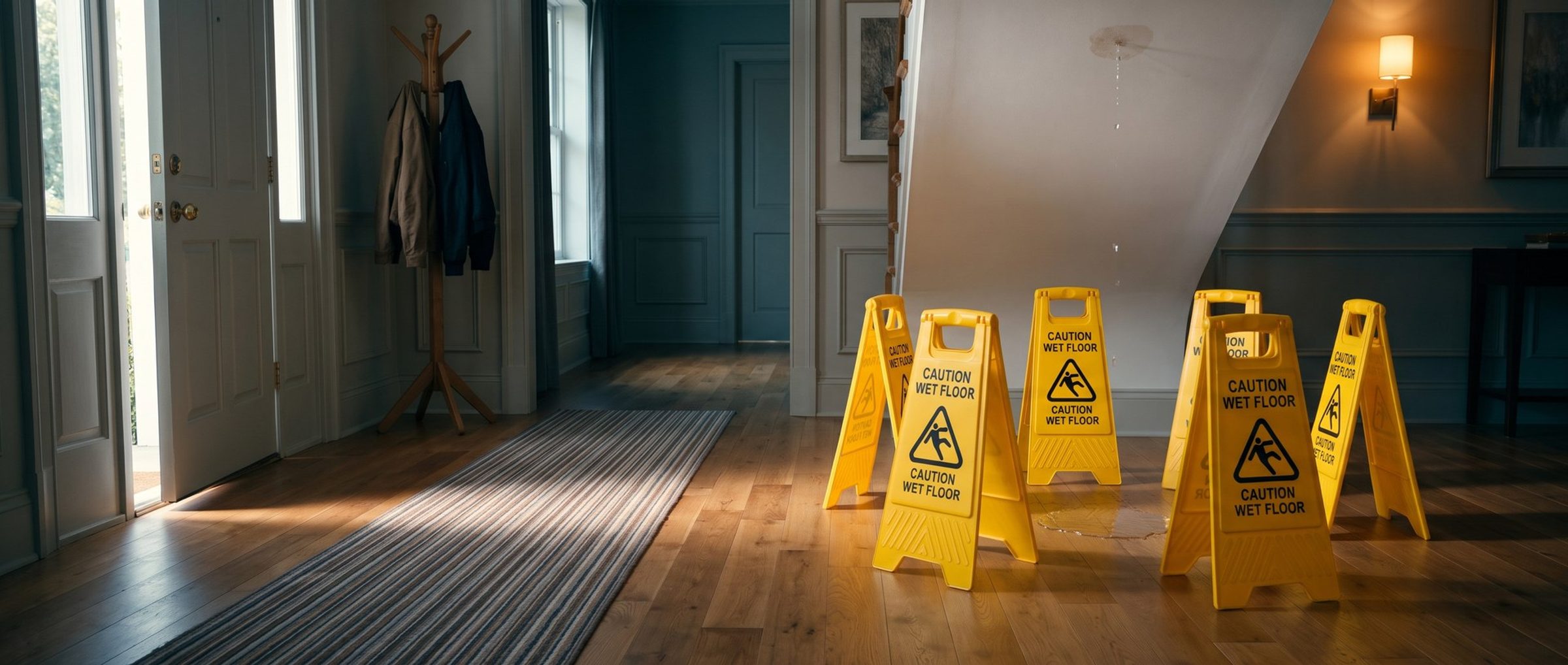 In a home's front hallway, six identical yellow caution wet floor signs stand in a tight ring around one small puddle on the hardwood floor, with a drip falling from a stain on the ceiling