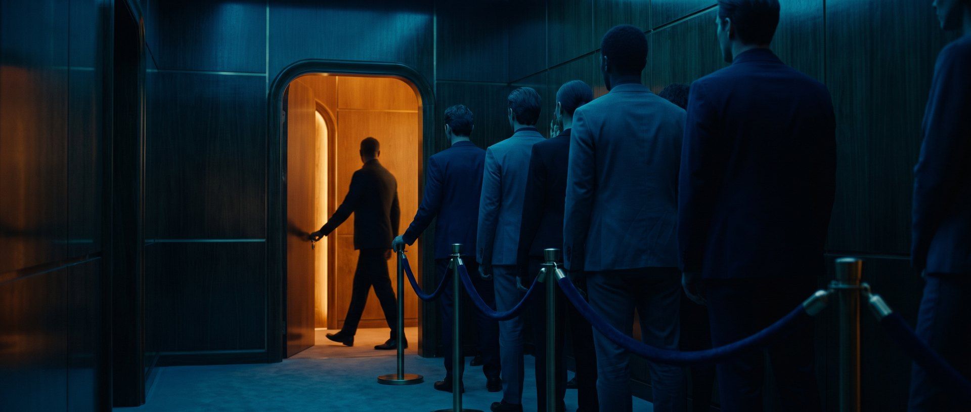 A line of professionals in suits waiting at a warm-lit doorway, one being admitted past a rope while the rest wait in the dark -- LinkedIn ads are for the right businesses, not every one.