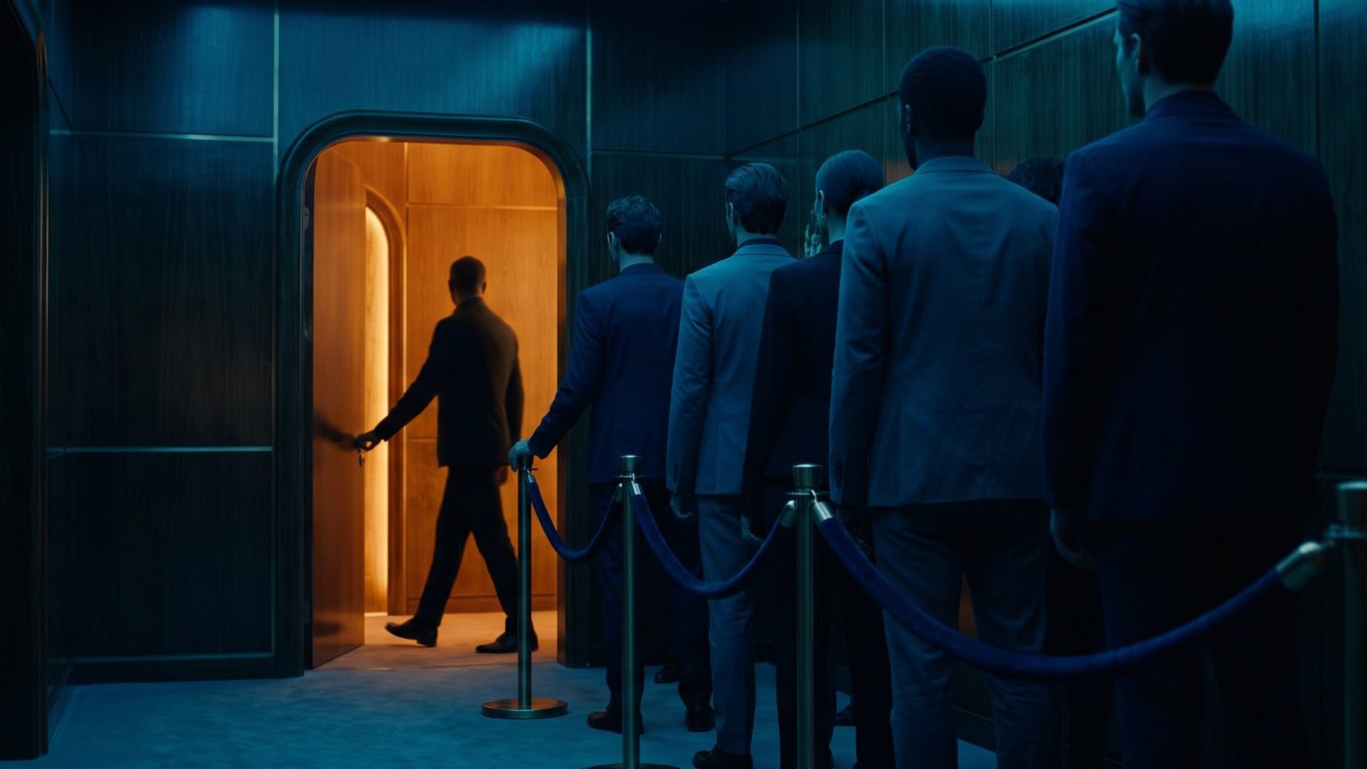 A line of professionals in suits waiting at a warm-lit doorway, one being admitted past a rope while the rest wait in the dark -- LinkedIn ads are for the right businesses, not every one.
