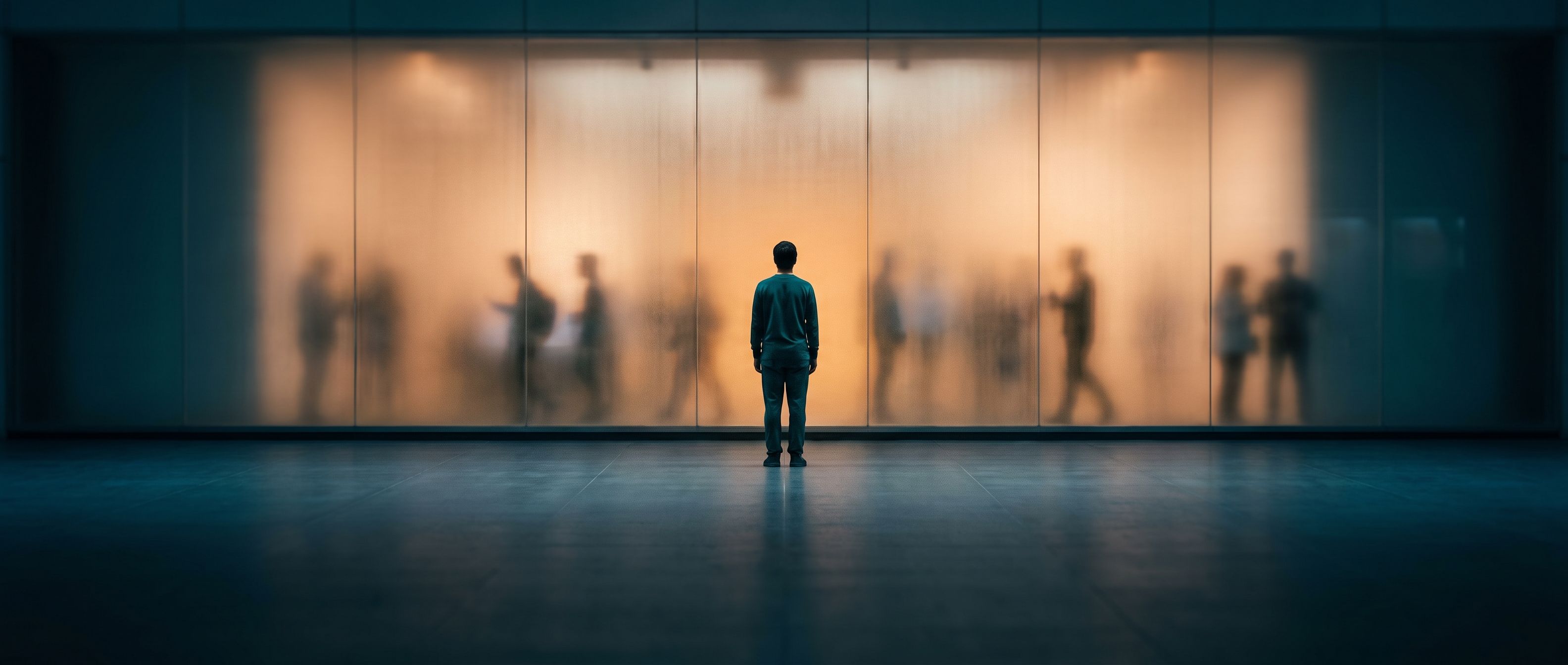 A lone figure standing before a large frosted-glass wall with the blurred silhouettes of many people gathered on the other side