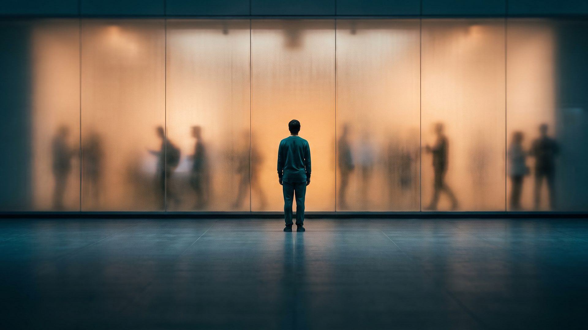 A lone figure standing before a large frosted-glass wall with the blurred silhouettes of many people gathered on the other side